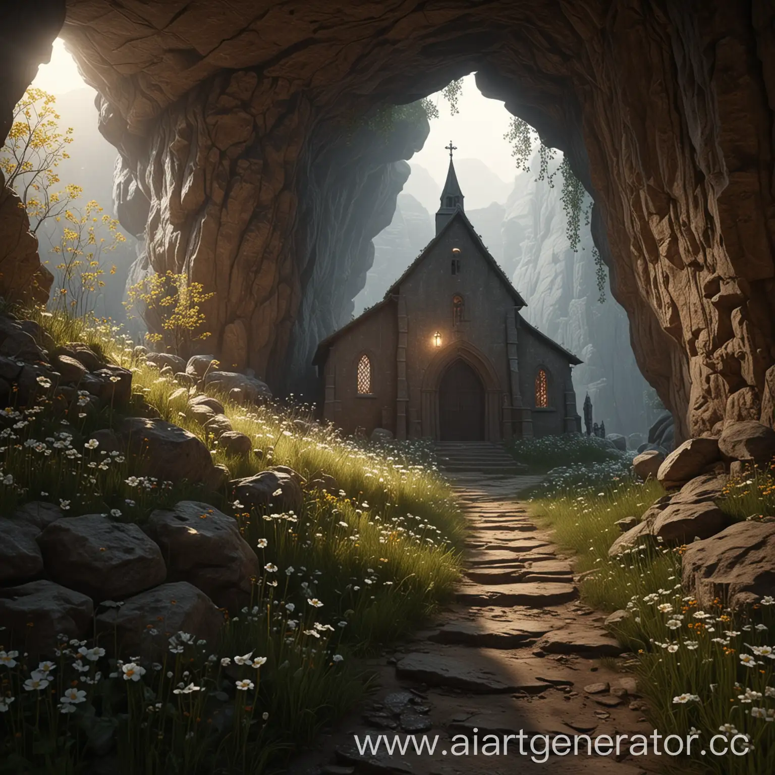 Realistic-Cave-Church-with-Glowing-Flowers-and-Sunlight