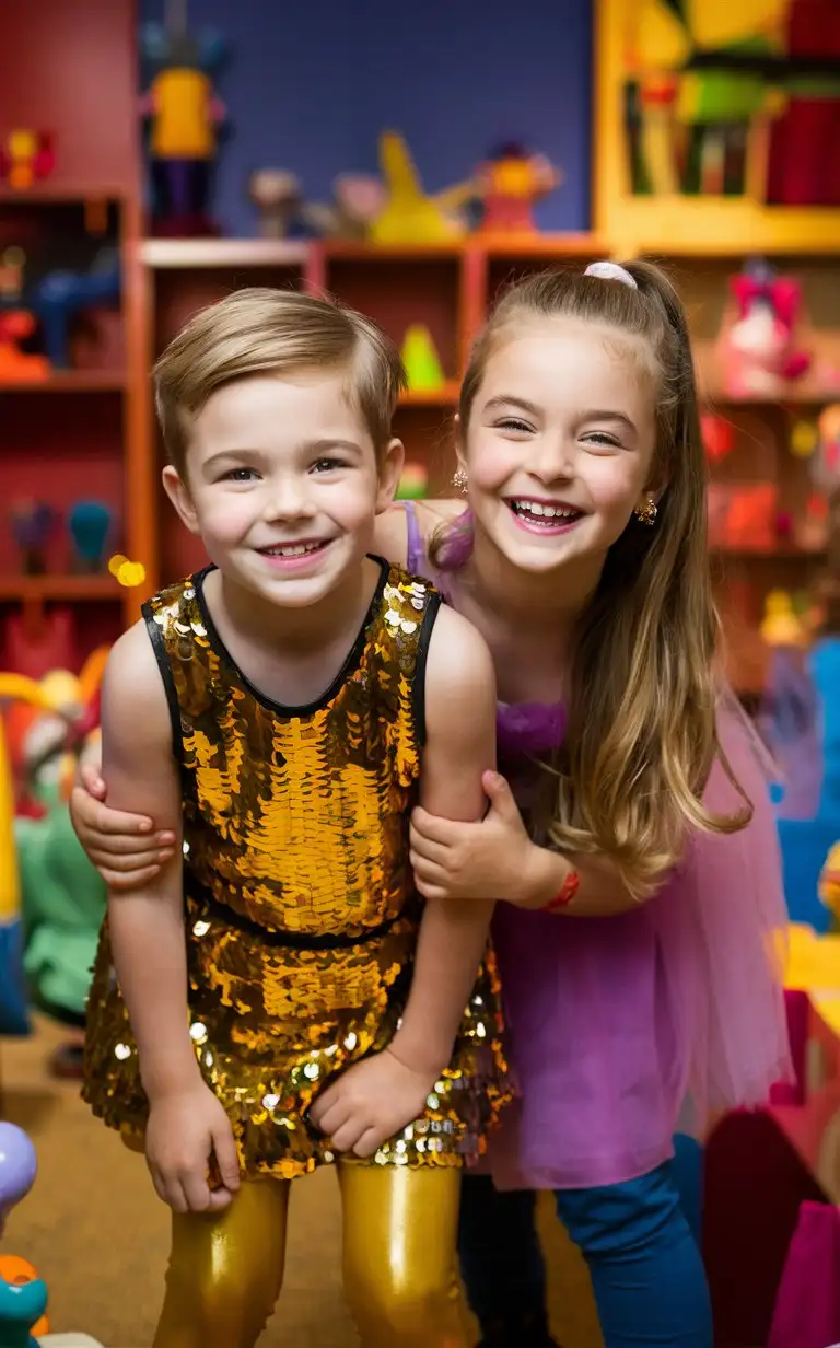 ((Gender role-reversal)), color photograph of a fair-skinned brother and sister, an adorable boy with short blond hair age 8, and an adorable girl with long hair in a ponytail age 9, on vacation at a museum, the girl is laughing because the boy is trying on a golden sequin party dress with latex tights for fun, they are in the museum toy and costume room, charming smiles, endearing, attractive faces, attractive faces, clear faces, beautiful eyes, straight noses, smooth skin