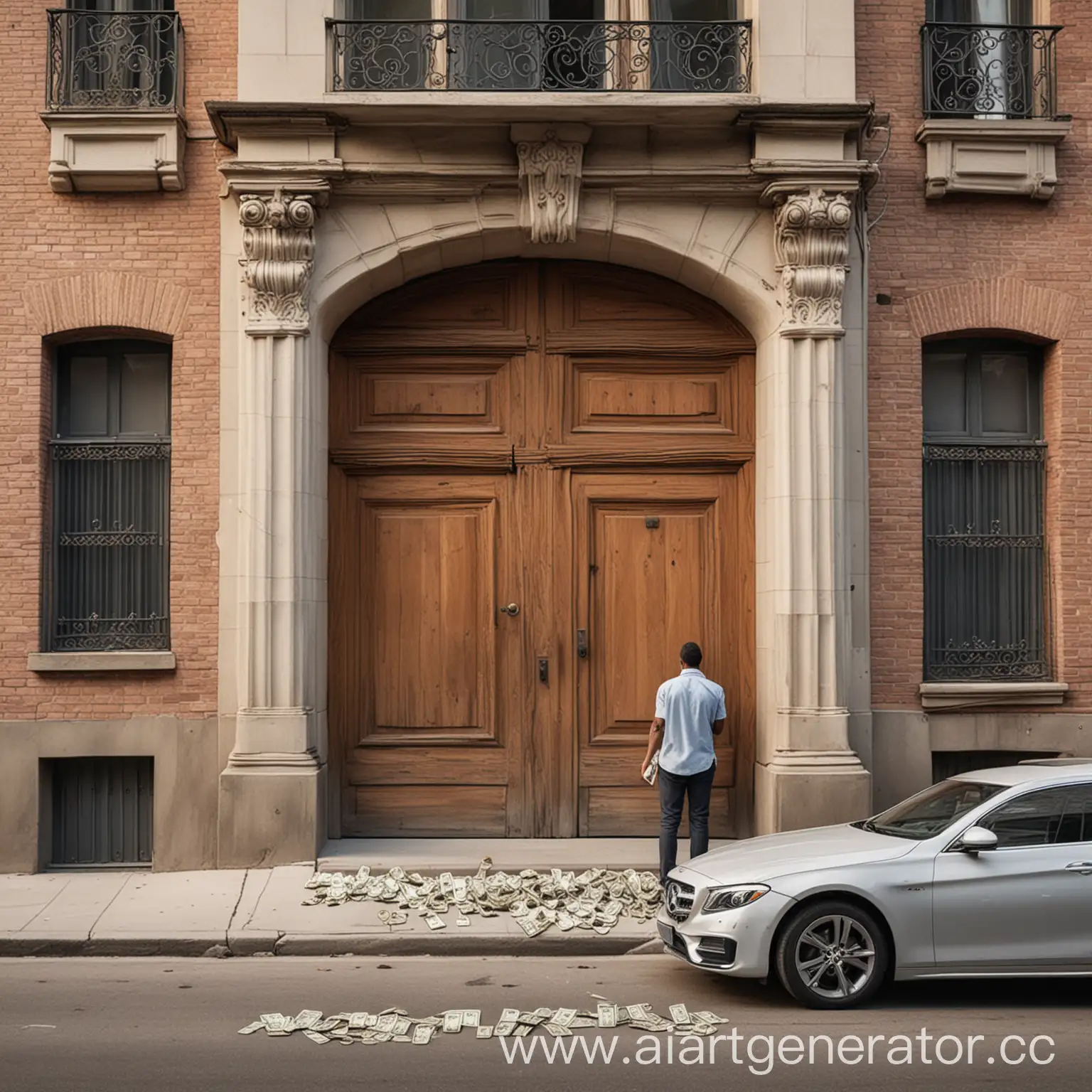 create like a neighborhood and the background with large buildings in front of it is an expensive car with an open door and a person is counting money next to the door