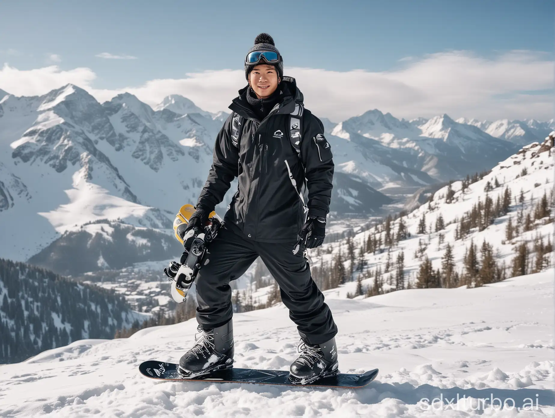 Confident-Asian-Skier-in-Ski-Gear-on-Snowy-Mountain-with-Snowboard