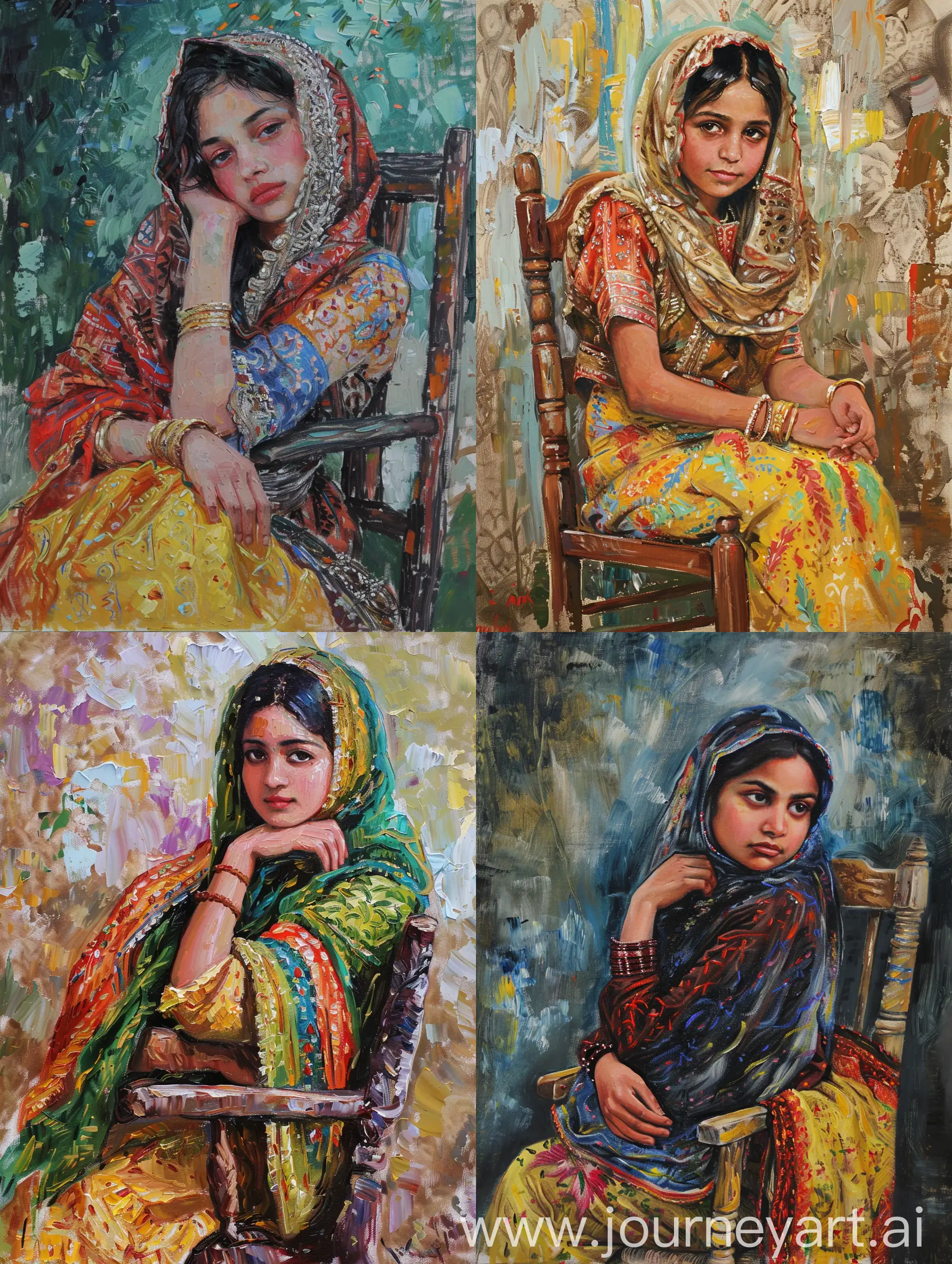 oil painting of kashmiri girl in traditional outfit on a chair in van gogh