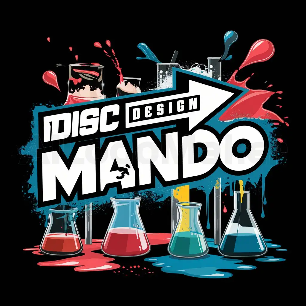 a logo design,with the text "Disc design", main symbol:A wide block arrow with text saying 'MANDO', Bright rich colors, edgy cool graffiti style text and artwork, paint lab, beakers of paint, flasks of paint, spilled paint, splashed paint, paint drops flying, messy but creative. Dark background.,Moderate,clear background