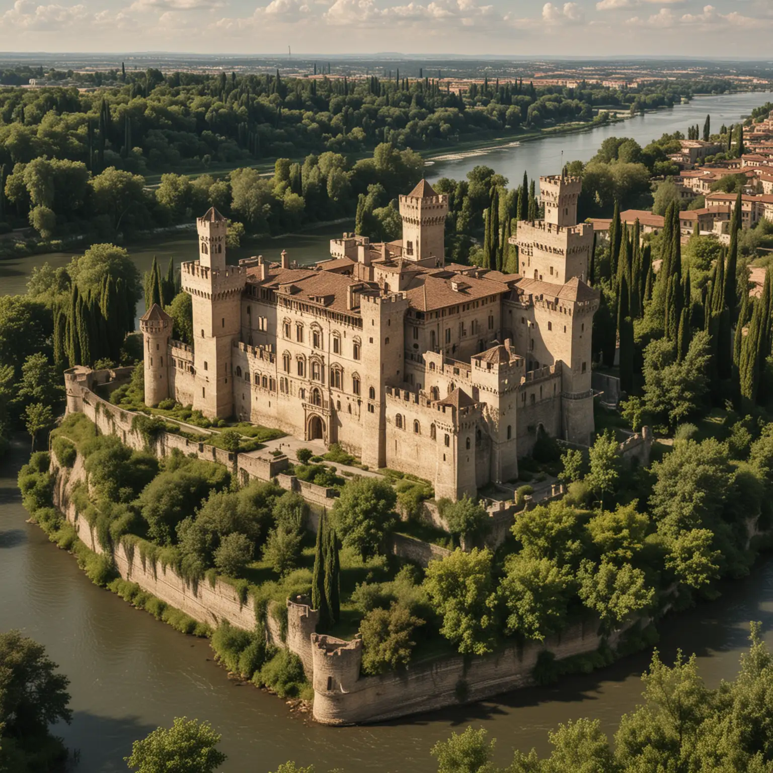 italian castle on riverside, palace at center, large towers, trees and bushes