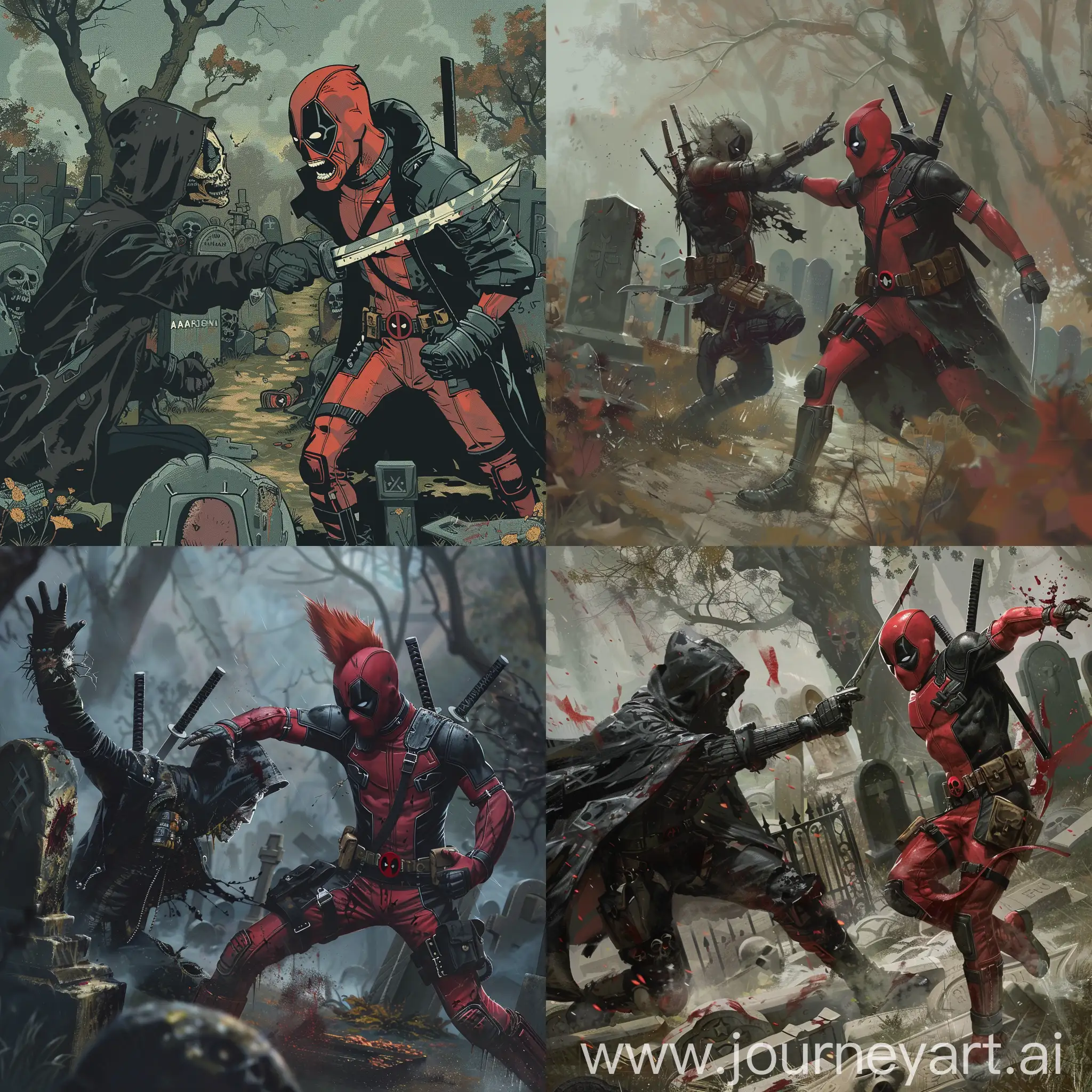 A dead punk anarchist in a black raincoat fights with deadpool among the graves