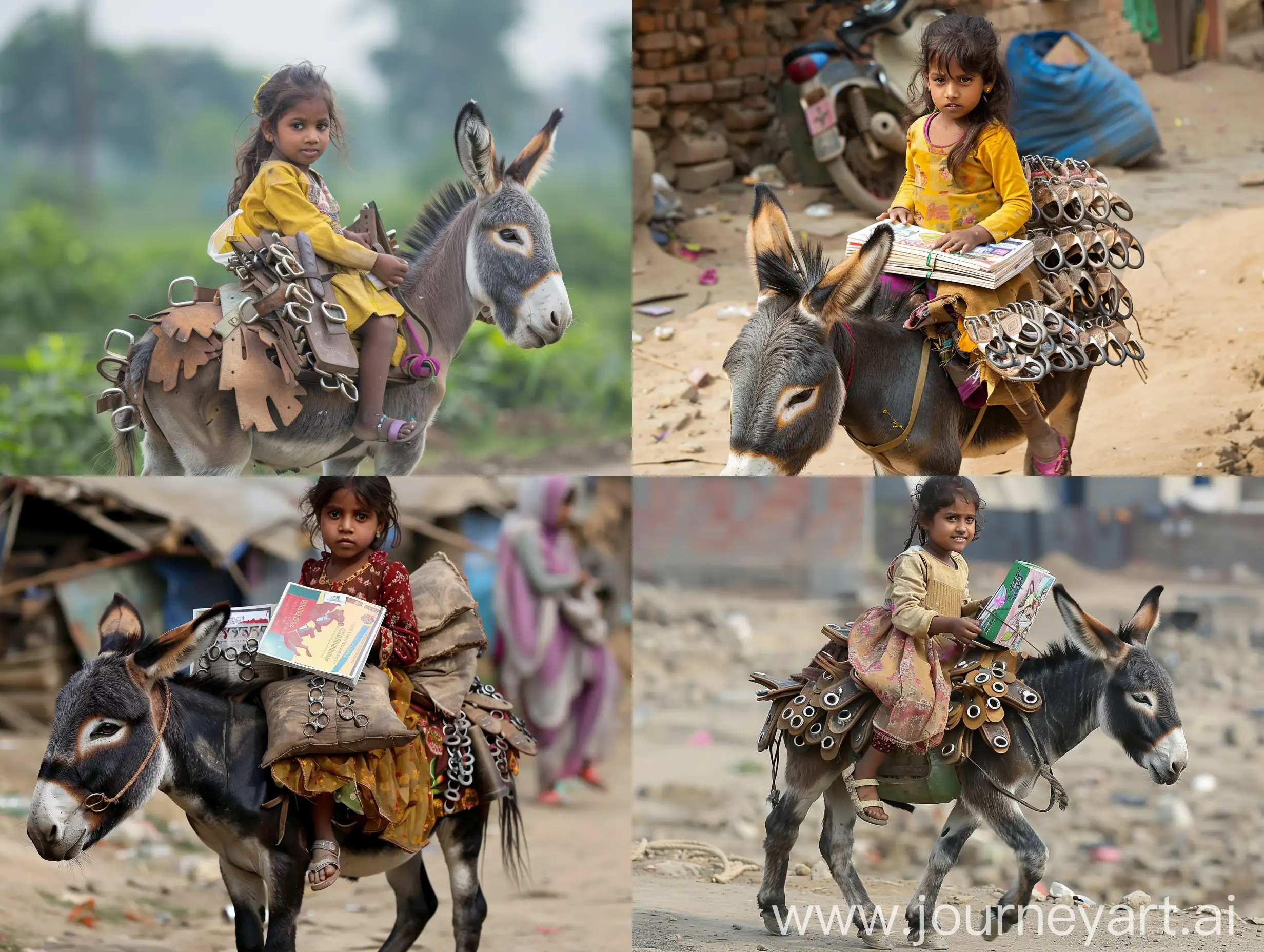 Girl-Riding-Donkey-with-Horseshoes-Selling-English-Textbooks