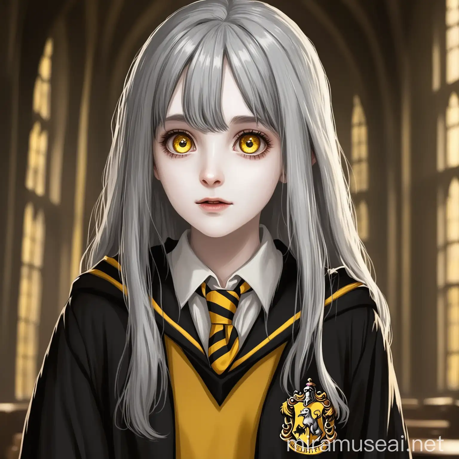 A girl with Gray hair and copper colored eyes and pale skin, wearing the Hogwarts  Hufflepuff school uniform from harry potter.