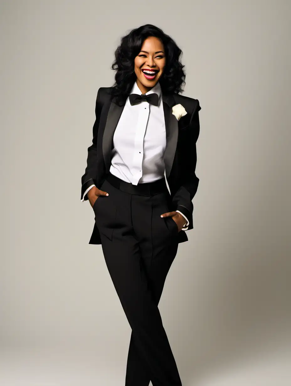 Beautiful dark skinned thai woman with shoudler length hair and lipstick wearing a tuxedo with an ivory  jacket.  Her shirt is white with double french cuffs and a wing collar.  Her bowtie is black.  Her cummerbund is black.  Her cufflinks are black.  She is smiling and laughing. Her jacket is open.