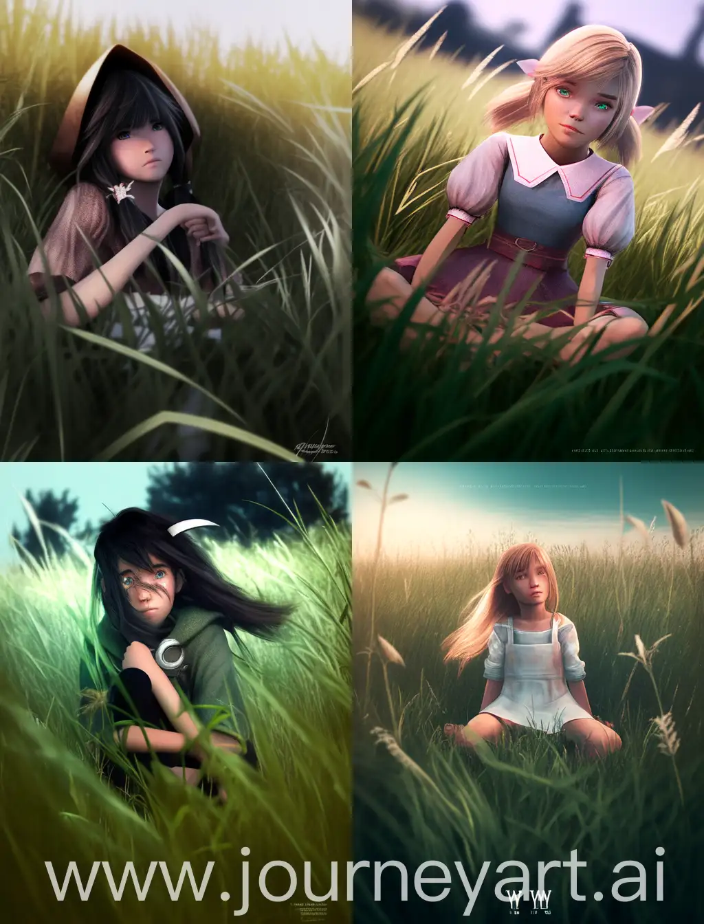 Sweet-Anime-Girl-Peeking-from-Tall-Grass-in-Surreal-Field
