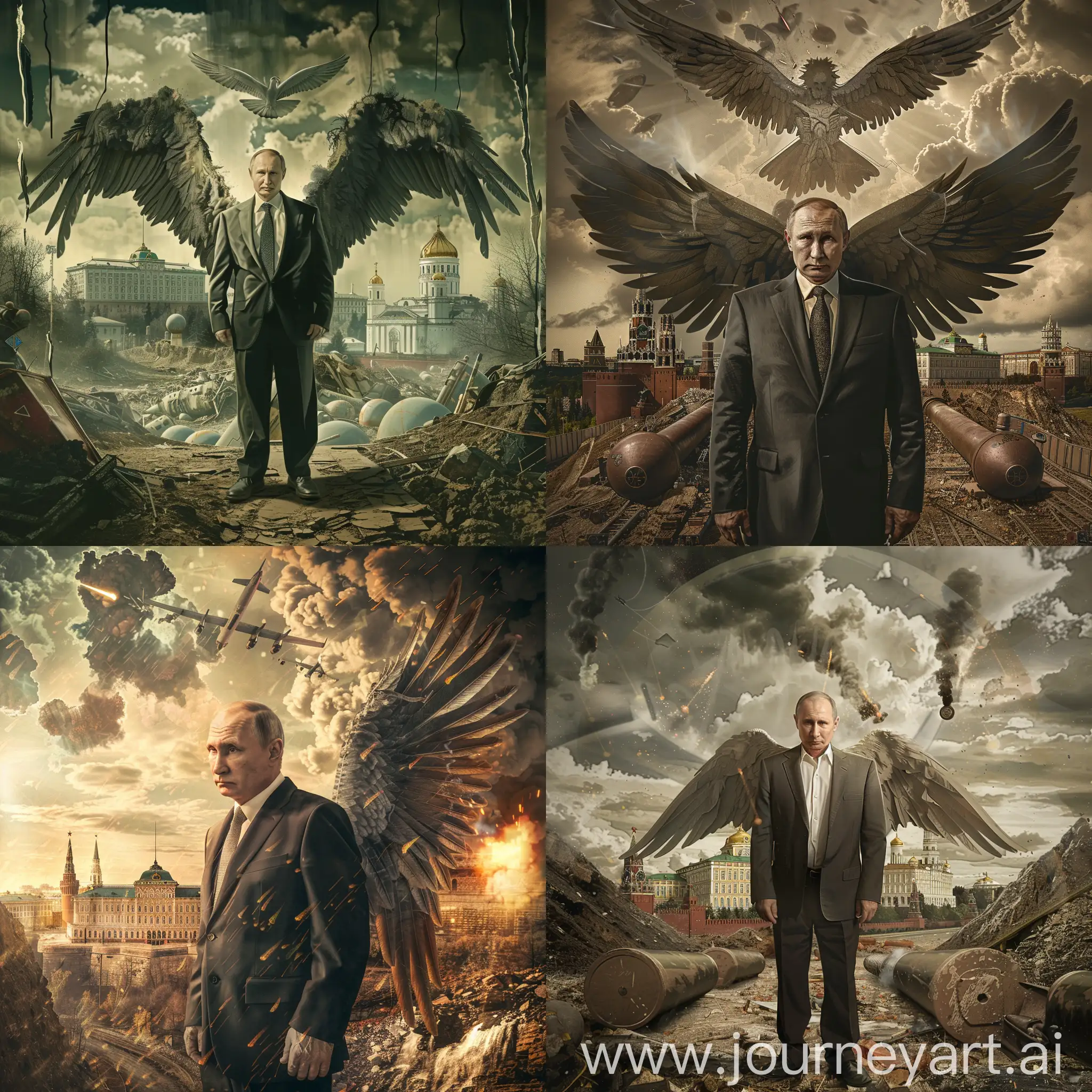 Vladimir Putin, angel of death Kremlin on background, nuclear bombs, post apocalypse