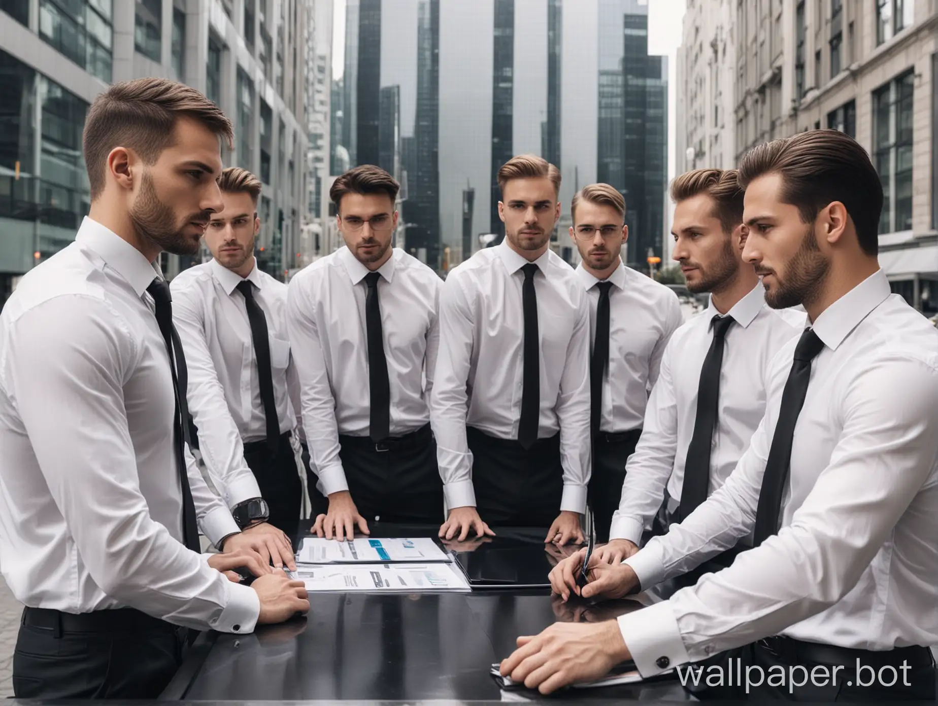 A team in a meeting wearing a white shirt and a black tie, only men, futuristic theme in a city
