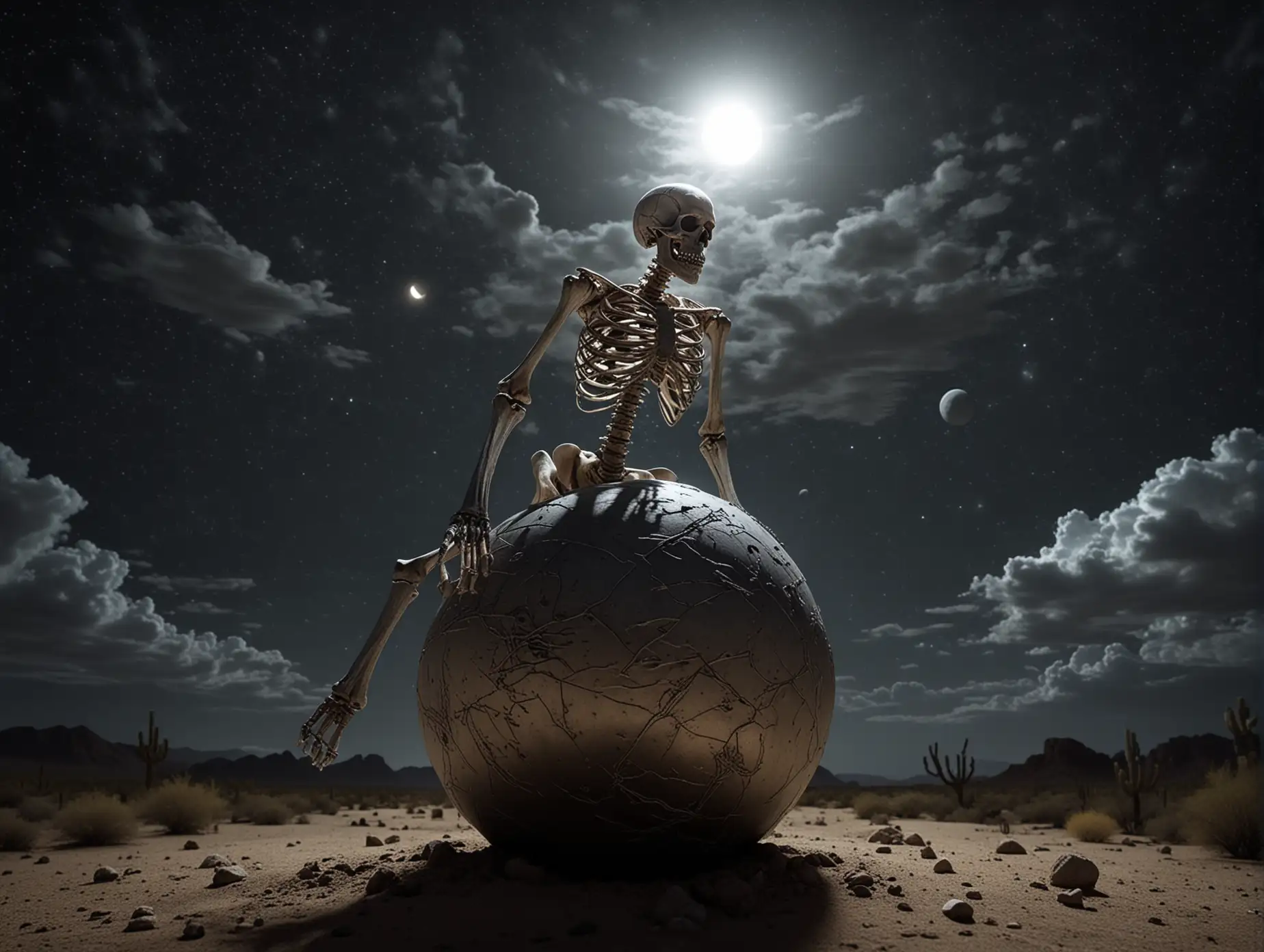 ULTRA REALISTIC high definition, one skeleton is flying high through the night skies of the Sonoran desert, sitting on its silver ball, full body, it flies among the clouds, riding its orb (ball) between its legs and sitting on it with it between its thighs (skeleton grips the ball with its thighs) (like a 50 cm  pregnancy ball) through the night sky racing through the clouds on a dark moonlit night with the orb tightly gripped between its legs, in cinematic lighting