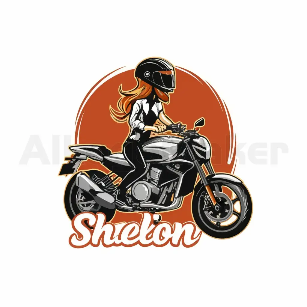 a logo design,with the text "Shelion", main symbol:Red hair girl and motorcycle,Moderate,be used in Travel industry,clear background