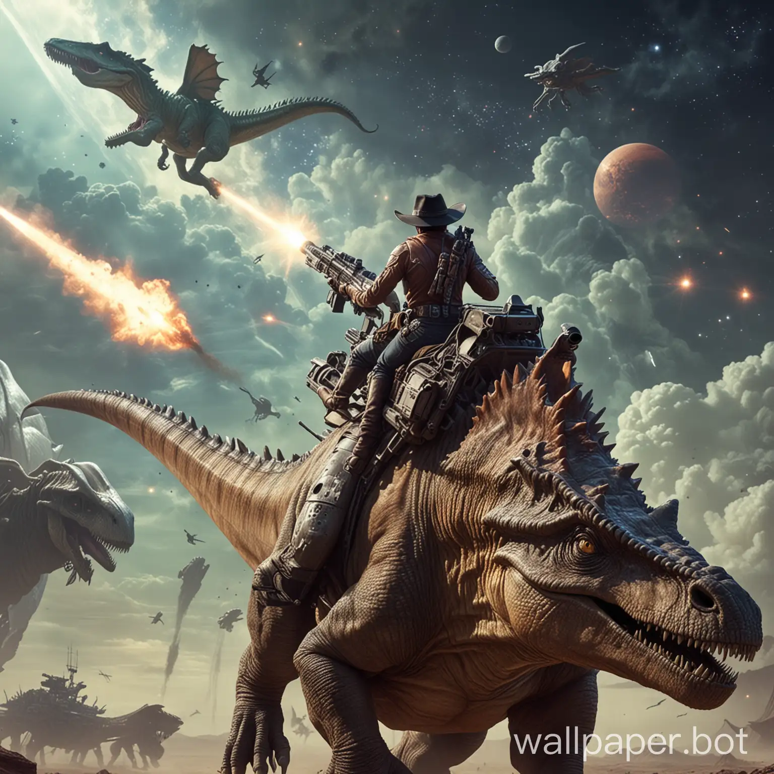 Space cowboy riding a dinosaur shooting at aliens