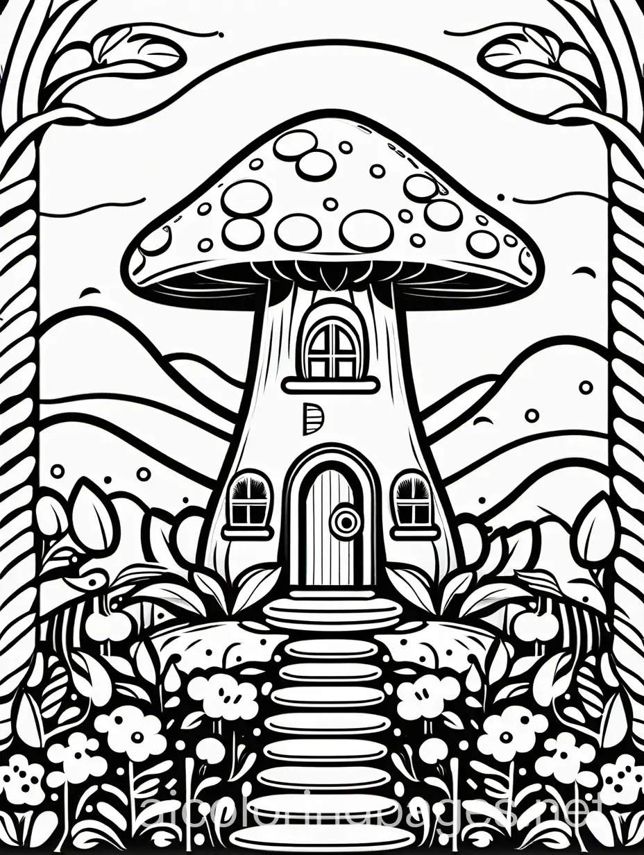 one cottage core mushroom house, coloring book,, Coloring Page, black and white, line art, white background, Simplicity, Ample White Space. The background of the coloring page is plain white to make it easy for young children to color within the lines. The outlines of all the subjects are easy to distinguish, making it simple for kids to color without too much difficulty