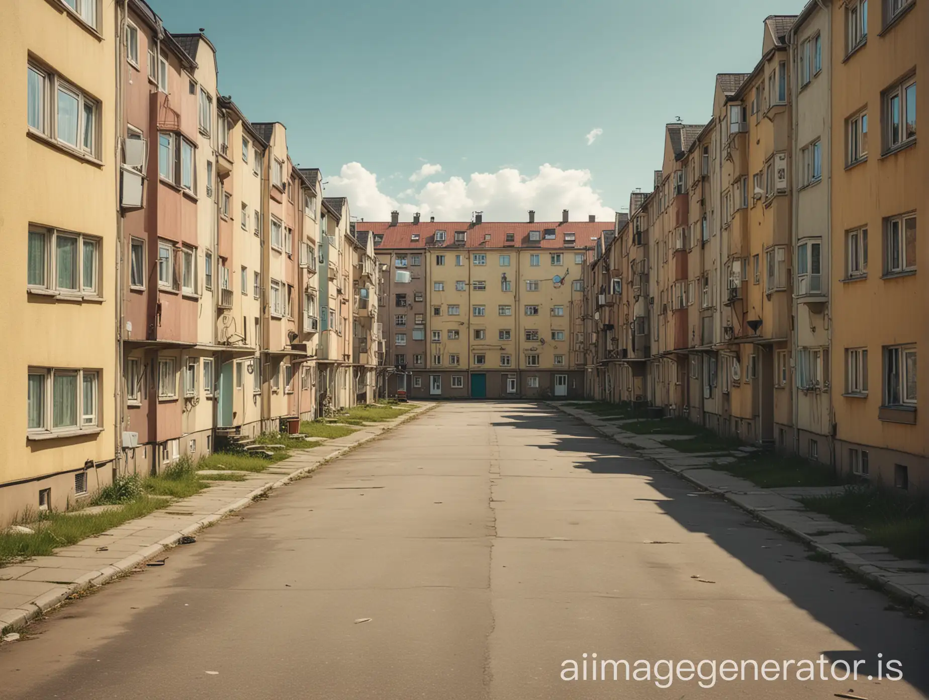 Polish housing estate, cartoon style, hip hop style. View straight ahead. Lack of people