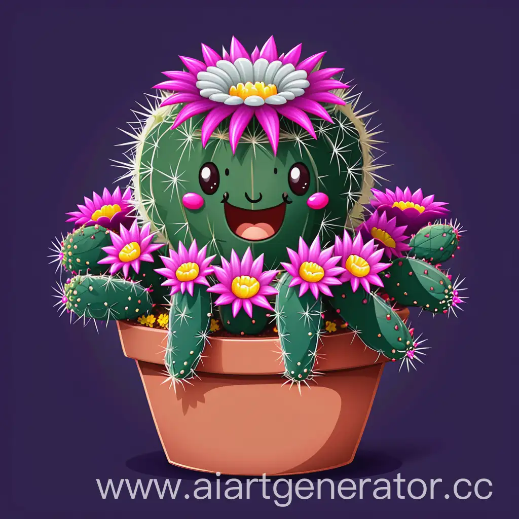Cartoon-Style-Mammillaria-Cactus-with-Flower-Wreath-in-Pot