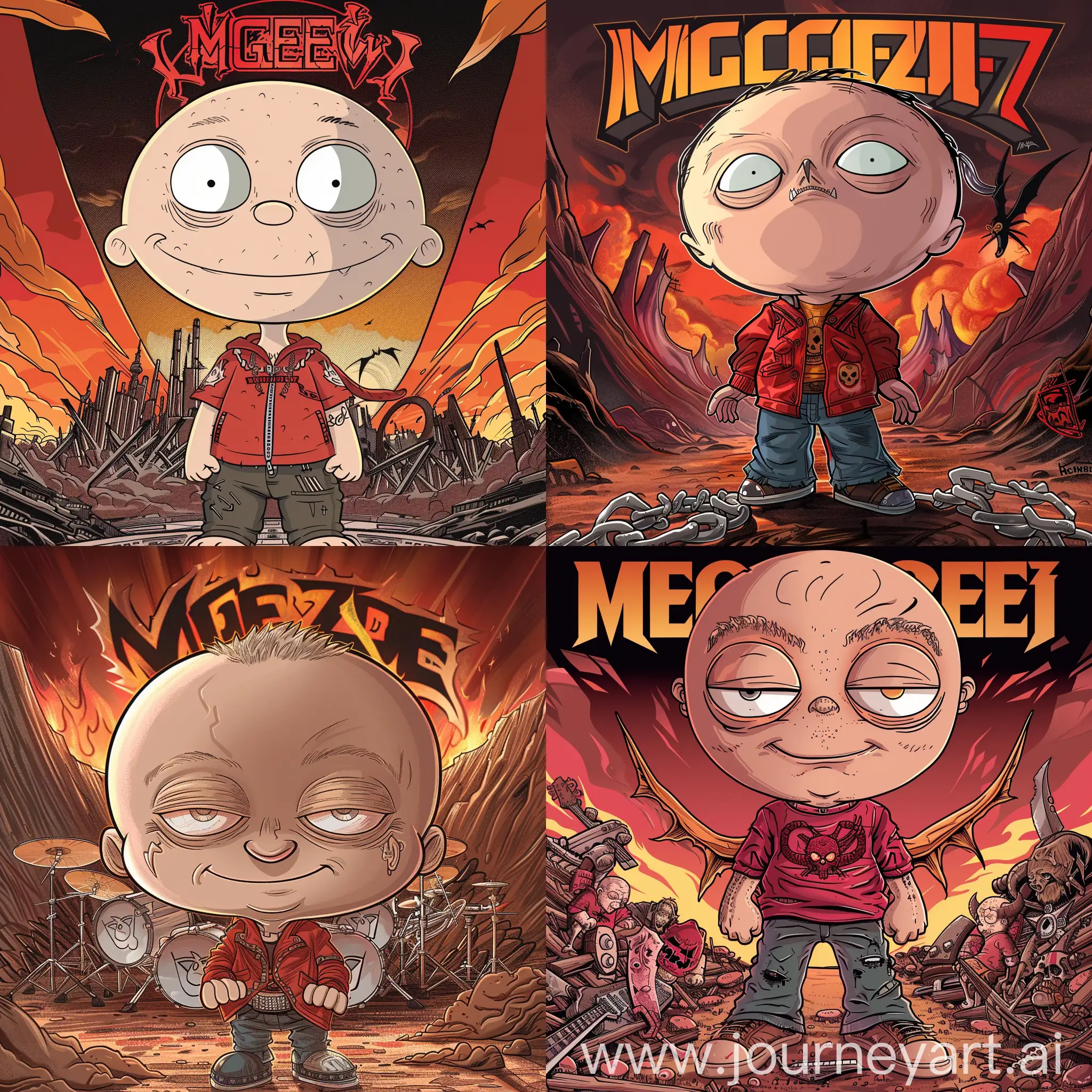 Evil version of Stewie from Family Guy, authentic and loyal to the show's art style including clothing, detailed and crisp, colored, with heavy metal references, Megadeth logo in the background, and a Lucifer or devil shape