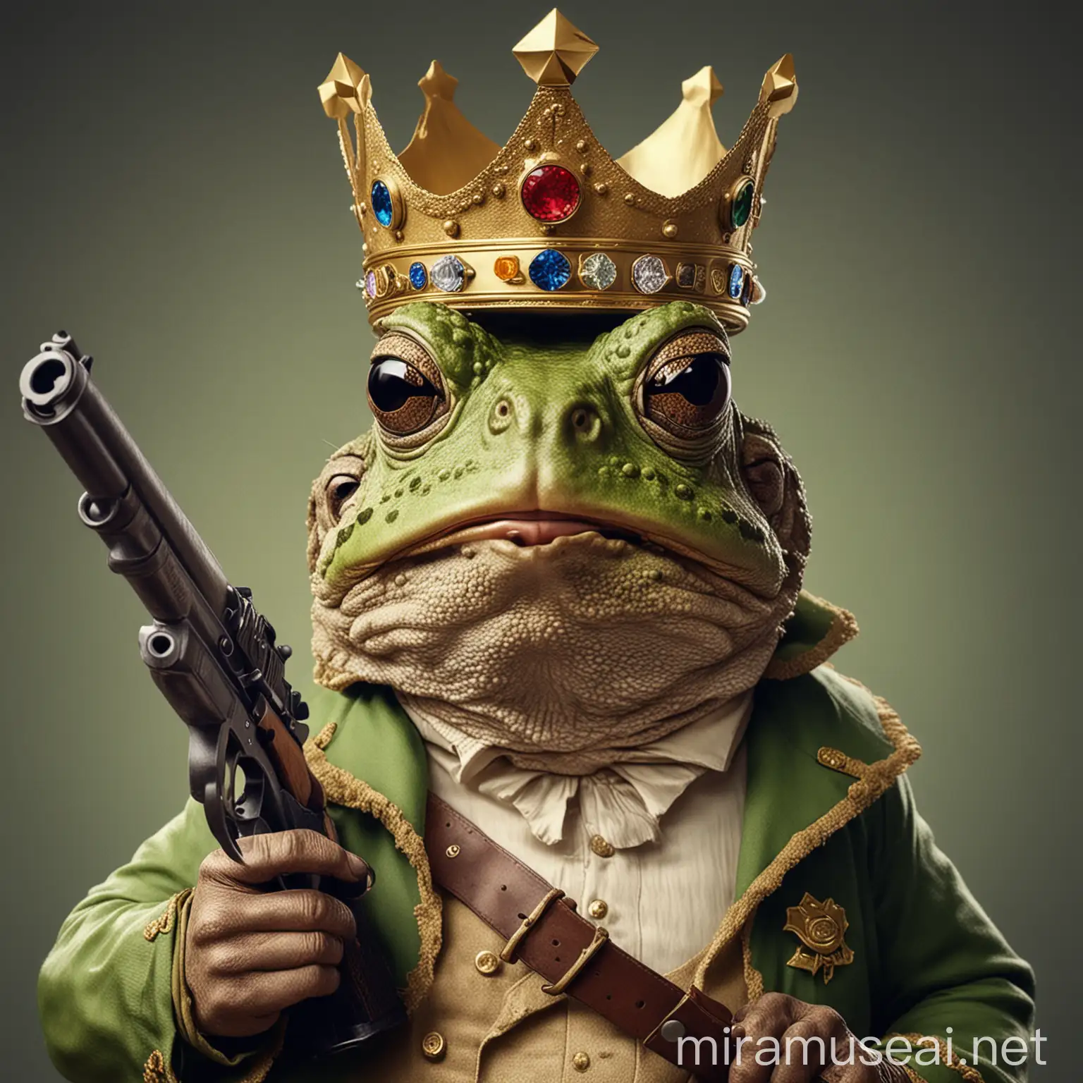 crypto toad wearing a crown and pointing a gun at me