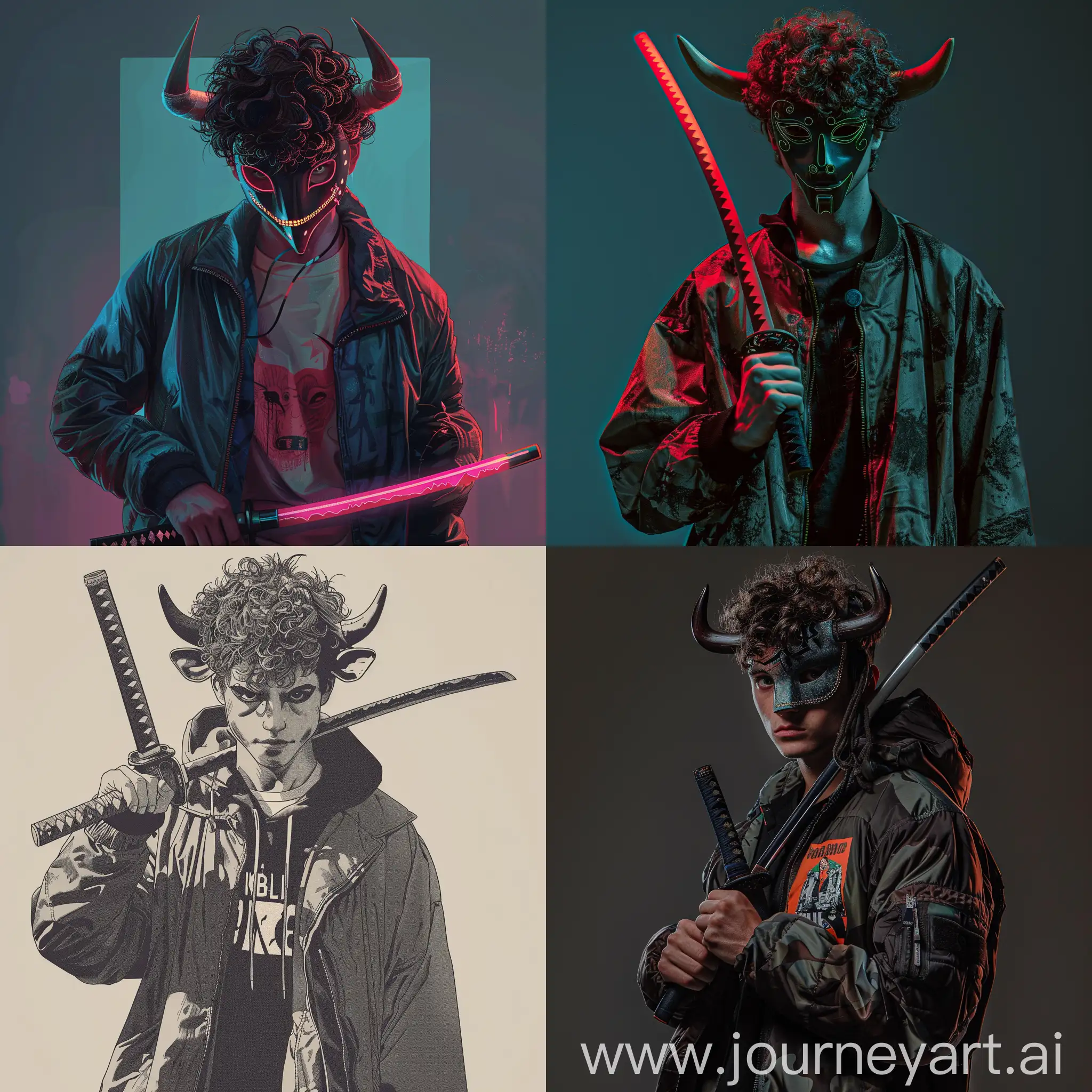 avatar, synthwave style, A young guy holding a katana, curly hair, handsome, miami hotline, man wearing a jacket and a bull mask