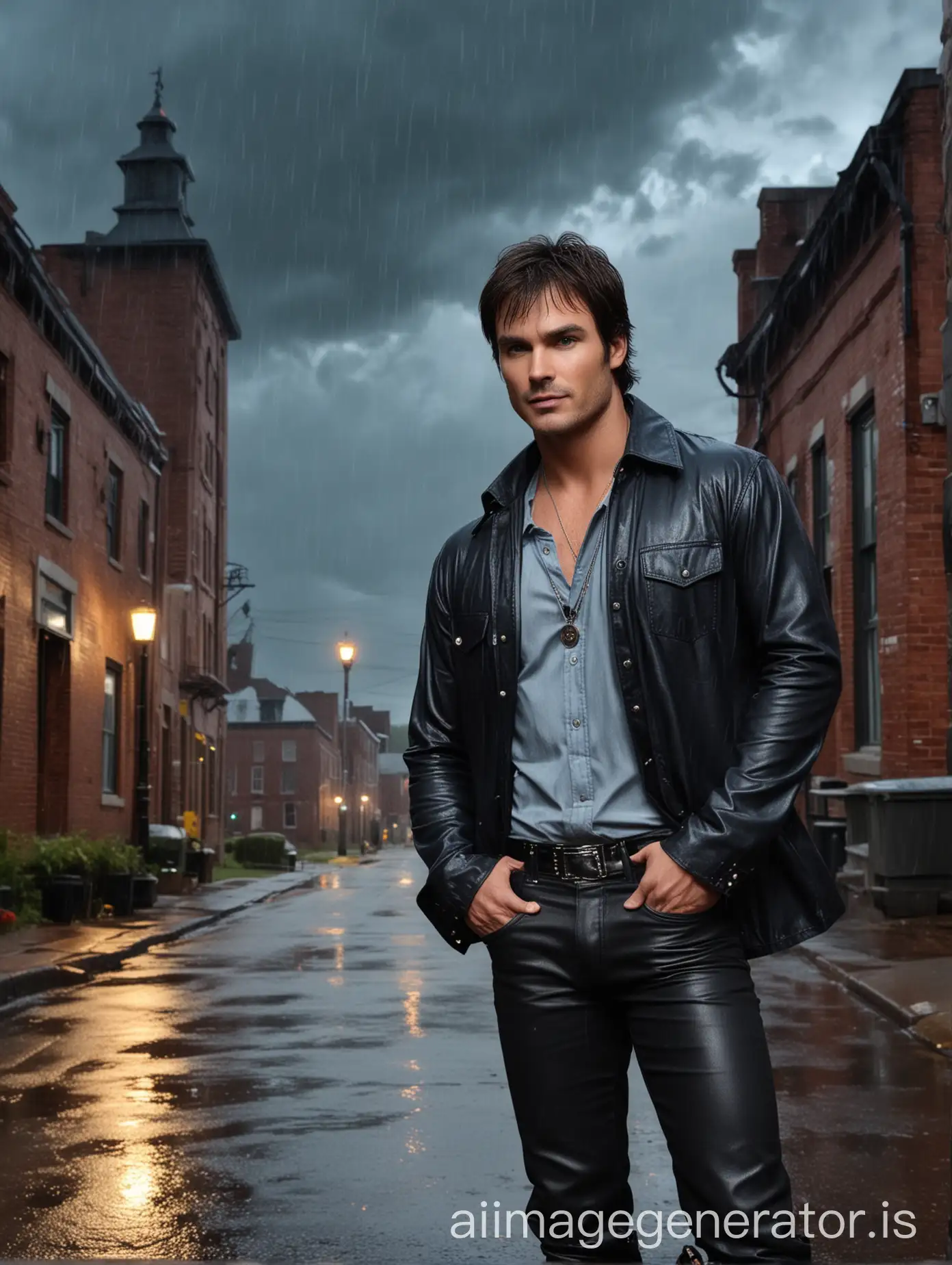 ian somerhalder face, nightlights, light blue eyes, full figure, rain falling, wearing a black unbuttoned shirt showing chest, black boots, brick buildings clocktower, silver thin neckchain,  blue 1969 Chevy Camaro Convertible in the background, wearing a black leather trousers, stormy clouds, yellow lightning, foggy background