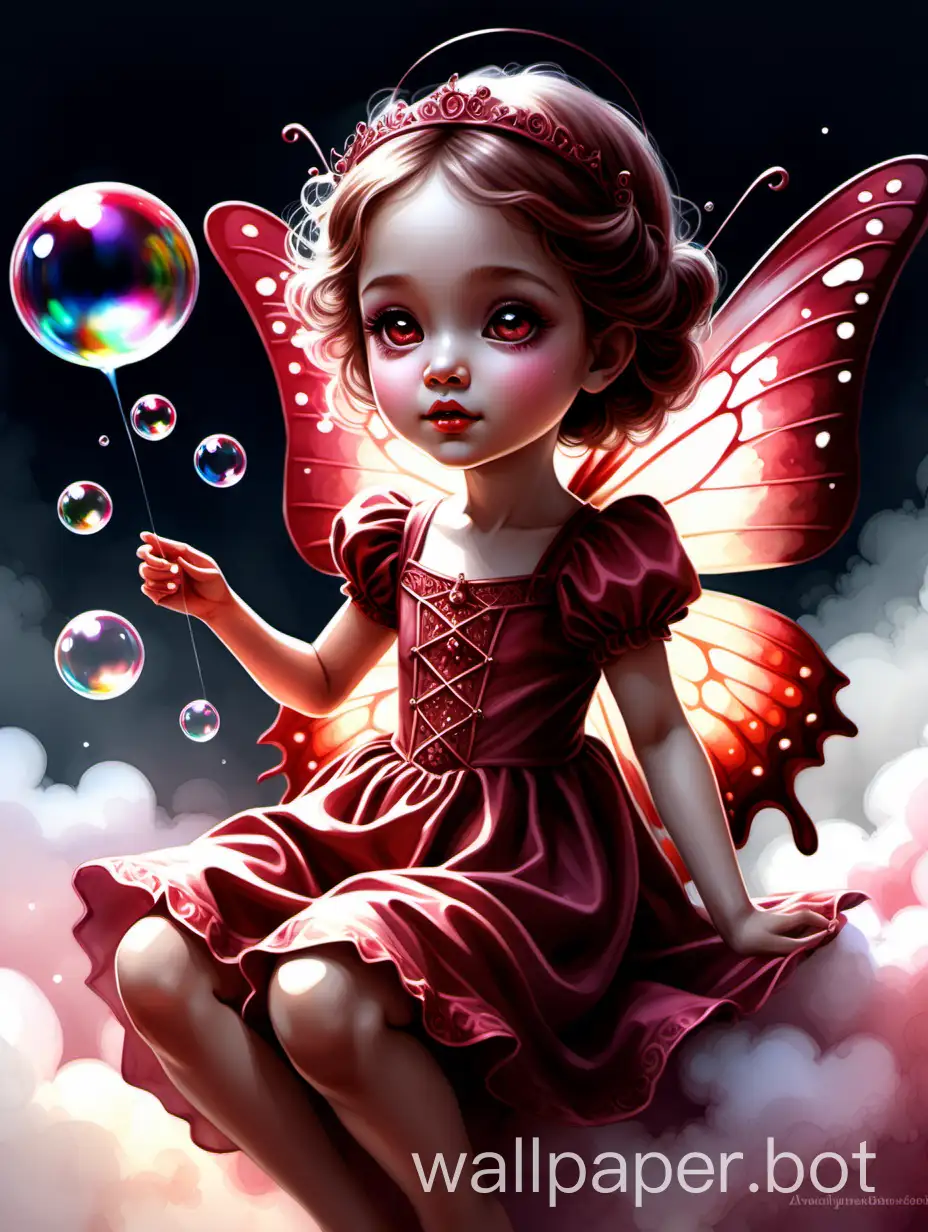 Soap bubbles, cotton clouds, on watercolor shades of crimson, burgundy and other reds| half body| lovely young princess butterfly fairy looking at me with big (light brown highly detailed eyes), shadow play| dynamic dynamic pose leaning towards me, bottom view| fairy tale, a beautiful fantasy loved by children and adults, ultra-high detail, high quality, Artstation, perfect centered composition, watercolor ink.