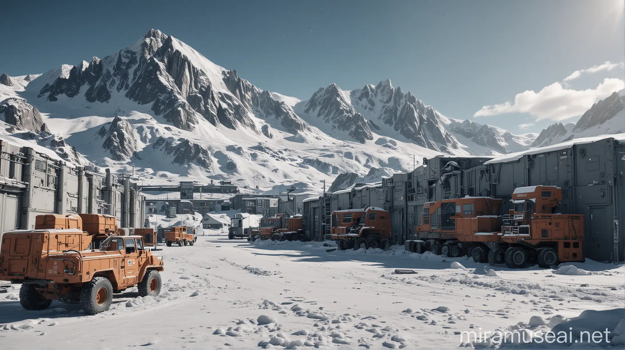 a pov of a slightly futuristic military base with a snow mountain in the background during day times, a few crates, trucks and one tank closer to the camera, a sci-fi vibe military building to the left with led light decoration with white lights, remove the character in the center but keep the ratio of everything else, 