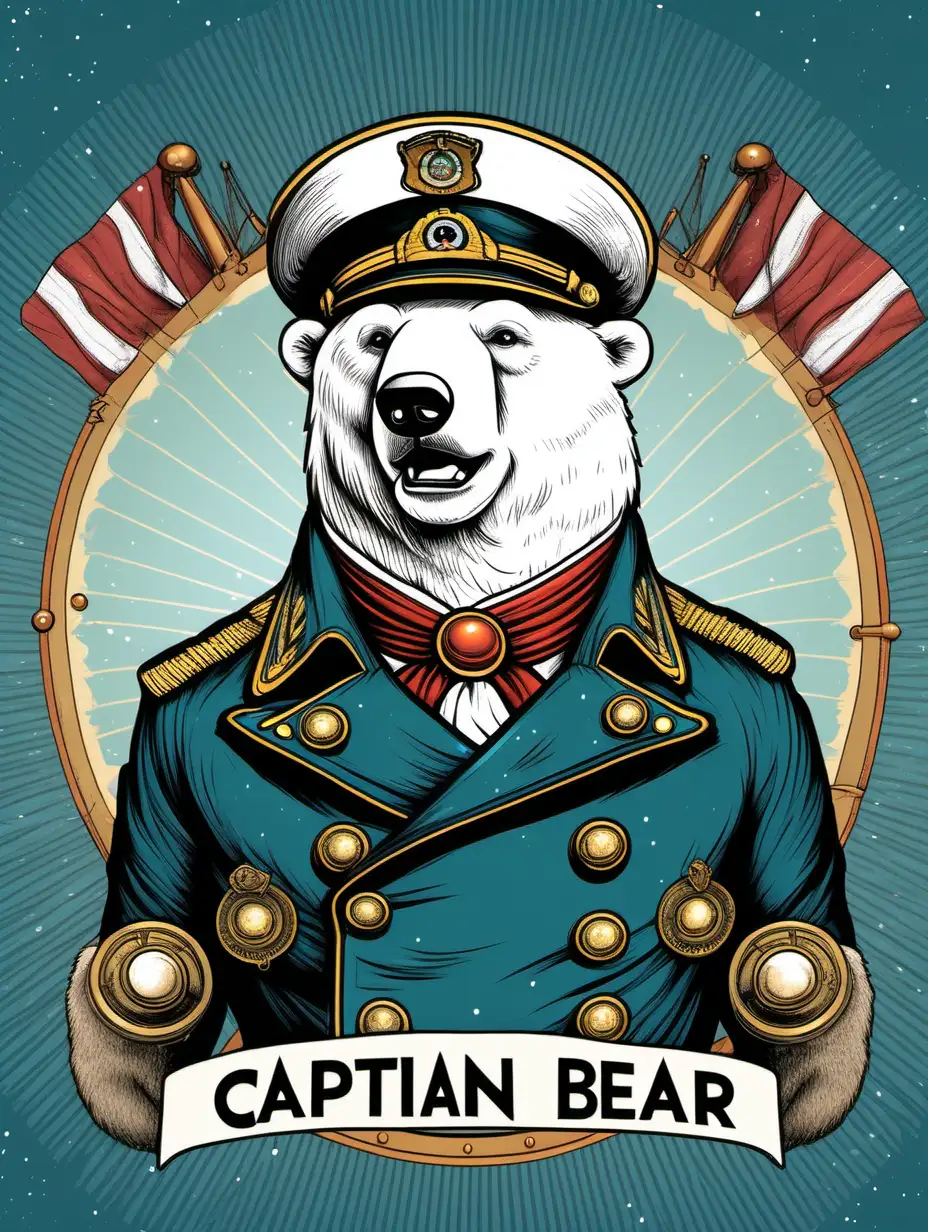 captain polar bear , retro style, detailed illustrated design, colours, cartoon style