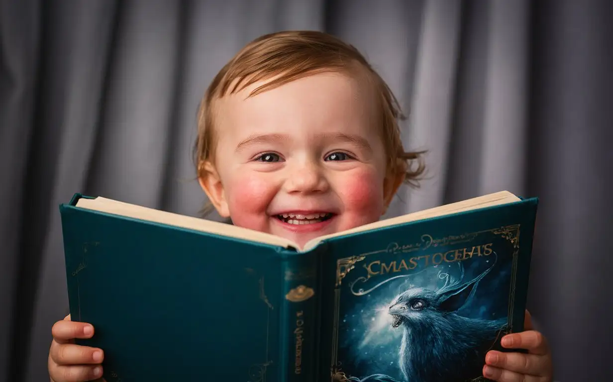 A portrait of a child with rosy cheeks and sparkling eyes, captivated by a book with a fantastical creature on the cover, set against a soft gray backdrop