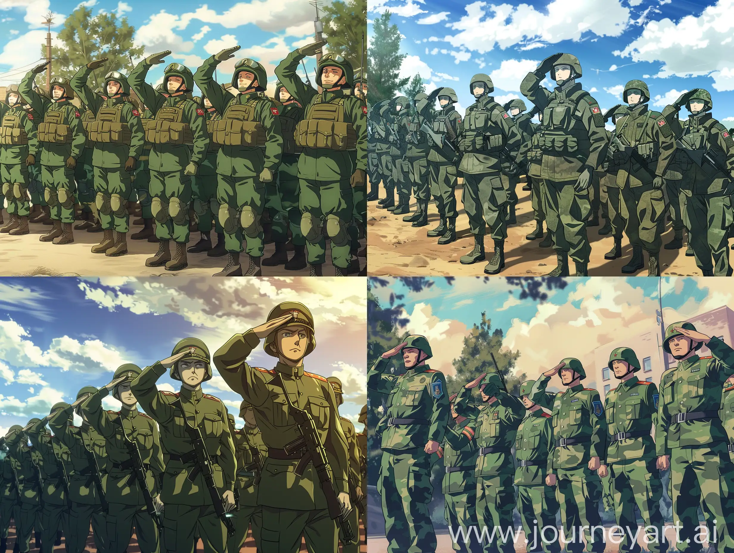 Взвод российской армии отдаёт честь, стиль аниме 2000-х