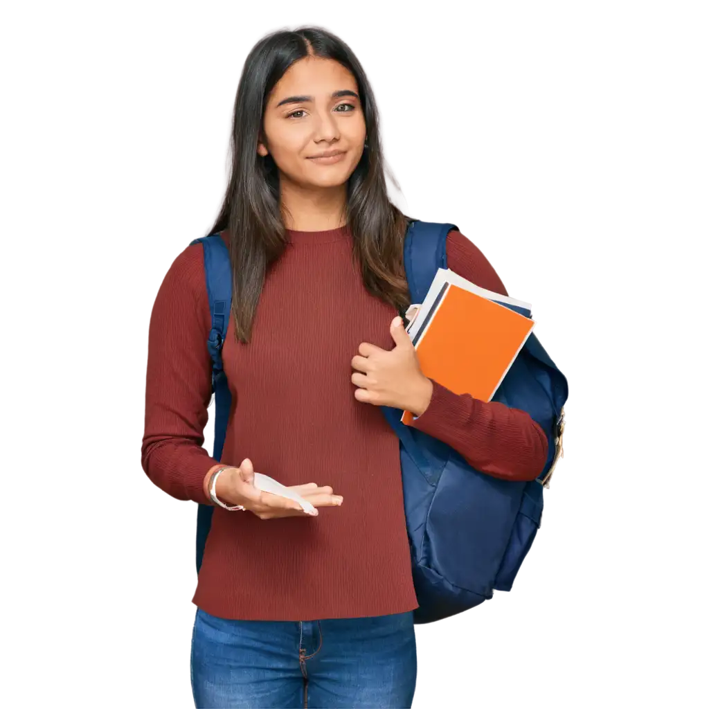 A beautiful 18-year-old Indian girl holds books in her hand attached to her chest and her book bag on her shoulder. inviting for college look in face