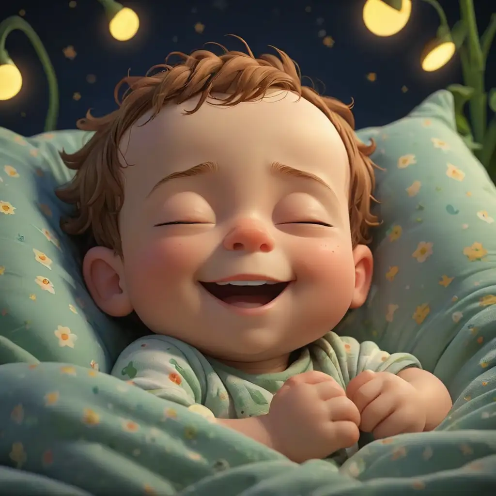 a profile picture for a 3d cartoon baby sleeping music spotify channel inspired by cocomelon nursery rhymes and lullabies, where a kid is sleeping peacefully and smiling in ambient lighting
