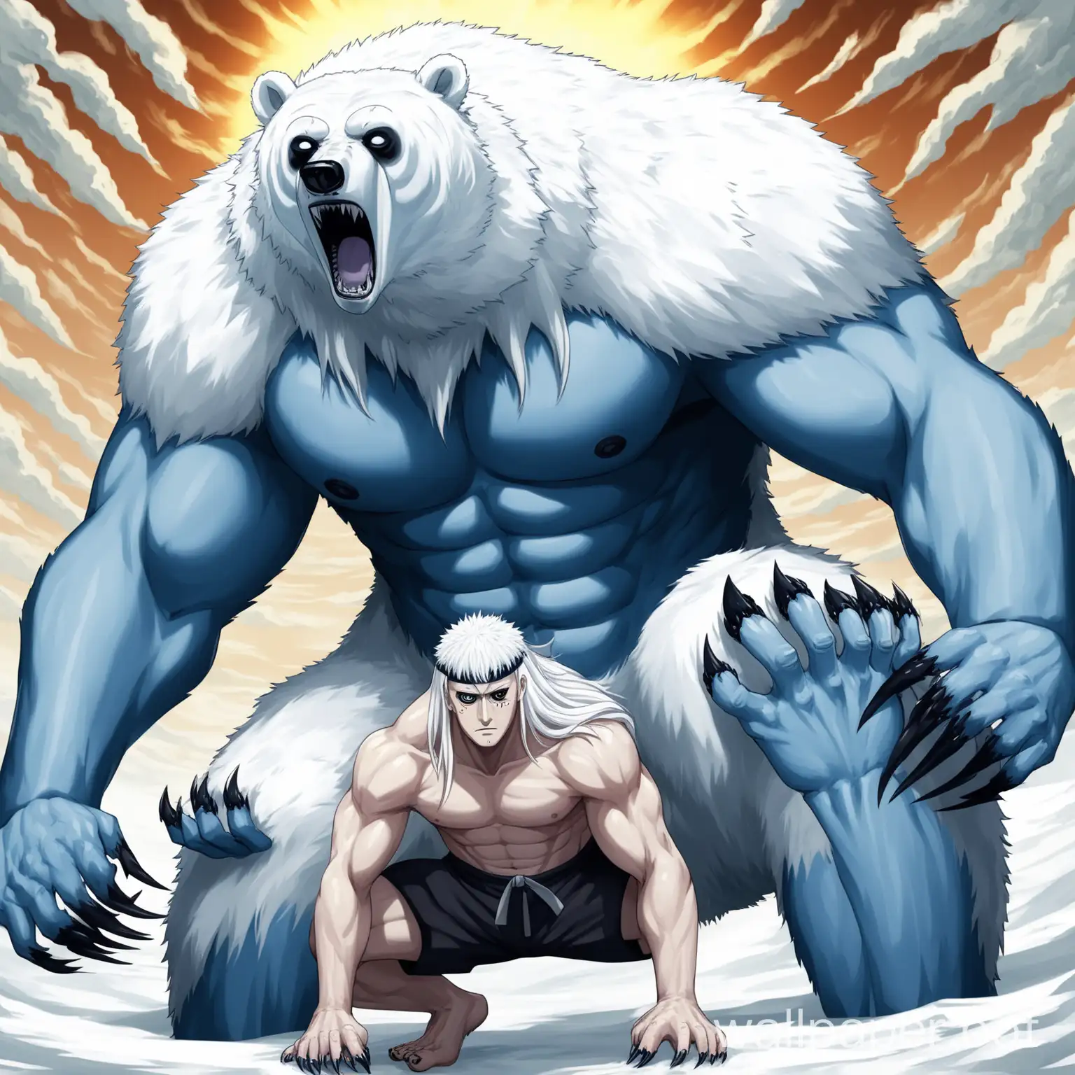 boy tall, human,long white hair down to his toes, white-blue skin, hands covered with white fur, nails like claws, black eyes bear nose, human taking on the appearance of a polar bear, muscular body,sage modu (Naruto}