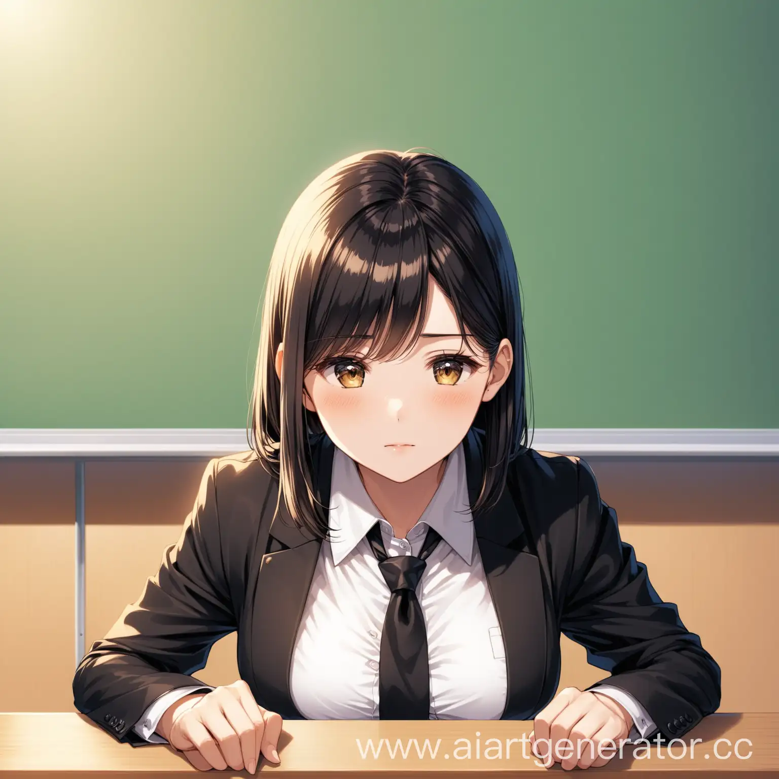 POV,  teacher, short tie, white blouse under black fitted buttoned jacket, sitting alone at a desk, , face sitting in forward facing position, 