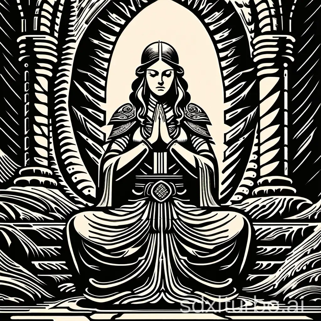 style of 1978 dungeons and dragons, by Larry Elmore, white background, 1bit bw, woodcut, a pretty round-faced warrior priestess praying,