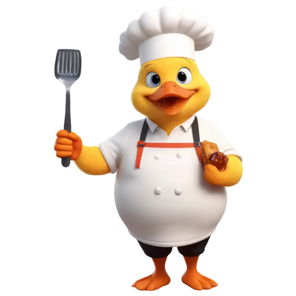 A chubby chef duck, wearing an apron and a headband, holding a barbecue fork in one hand and a knife in the other