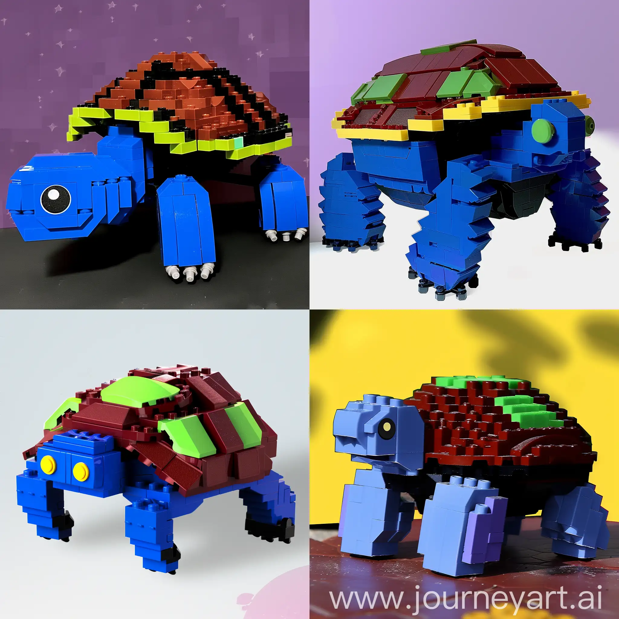 turtle with a blue body, red shell with green spots, assembled from lego