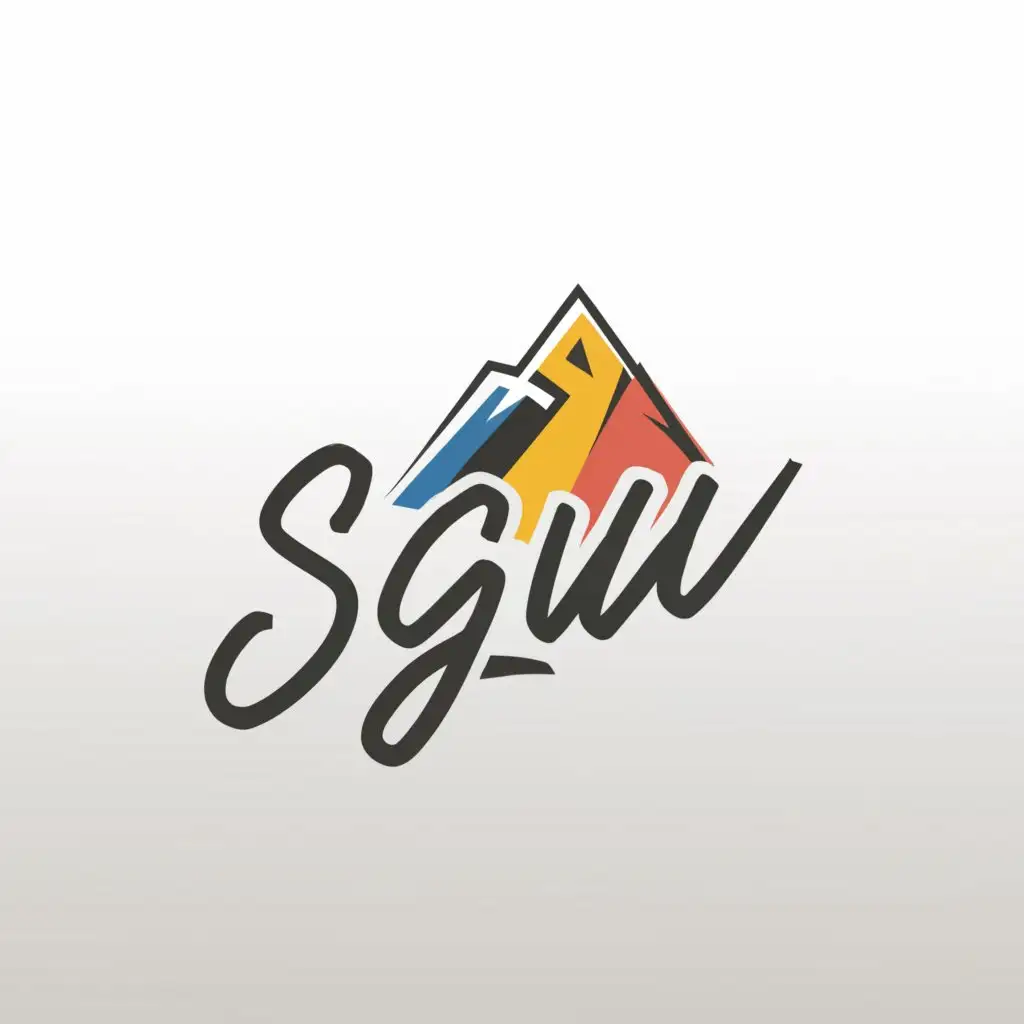 a logo design,with the text "SGW", main symbol:colorful mountain with shield, cursive alphabet, white background,,Minimalistic,be used in Travel industry,clear background