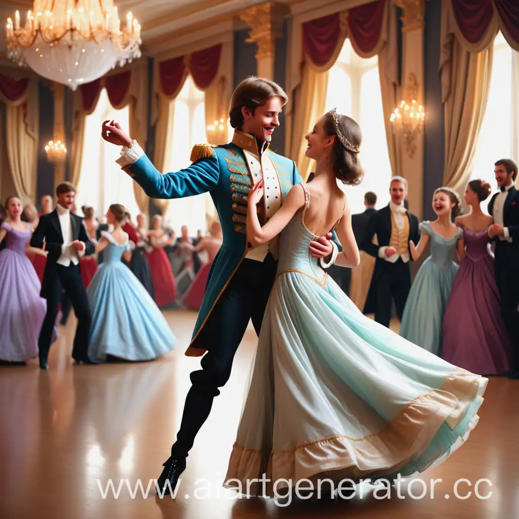 юная красивая девушка с трепетом и желанием красиво танцует на балу с князем 
