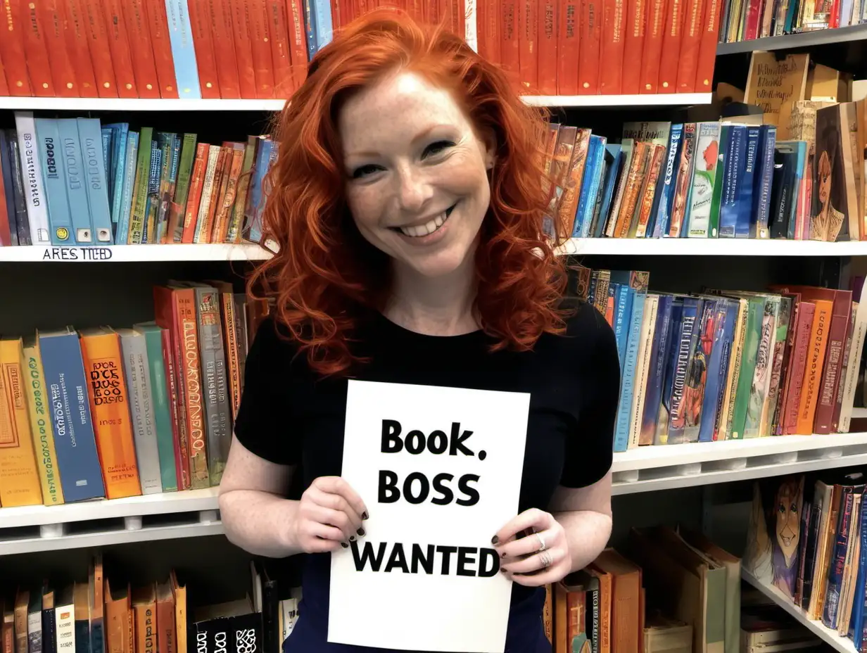 A red headed book lady smiling with a sign that says BOOK BOSS WANTED surrounded by books 