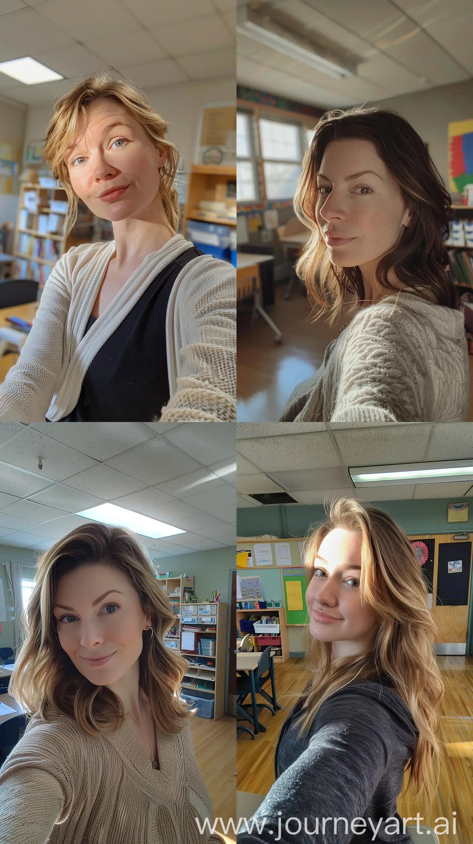 Aesthetic Instagram selfie of a female elementary school teacher in her classroom, pretty face, mid 30's, realistic lighting, wide set, profile throw face away in room --ar 9:16