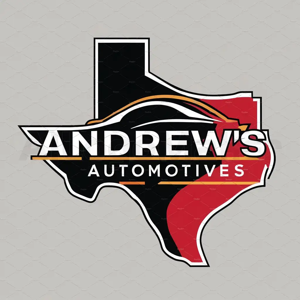 a logo design,with the text "Andrew's Automotives", main symbol:automotive services  use colors red, black, yellow and white with shape of texas in the background,complex,be used in Automotive industry,clear background