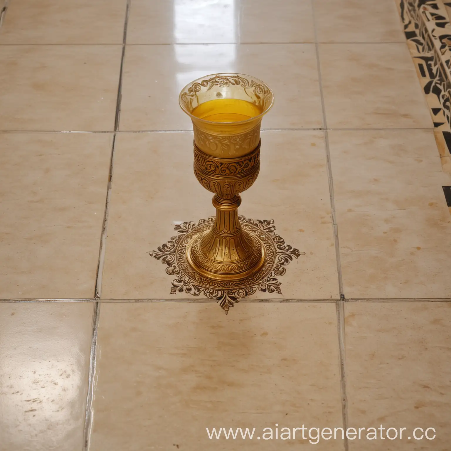 Tall golden grail with yellow water inside on the tiled floor. 