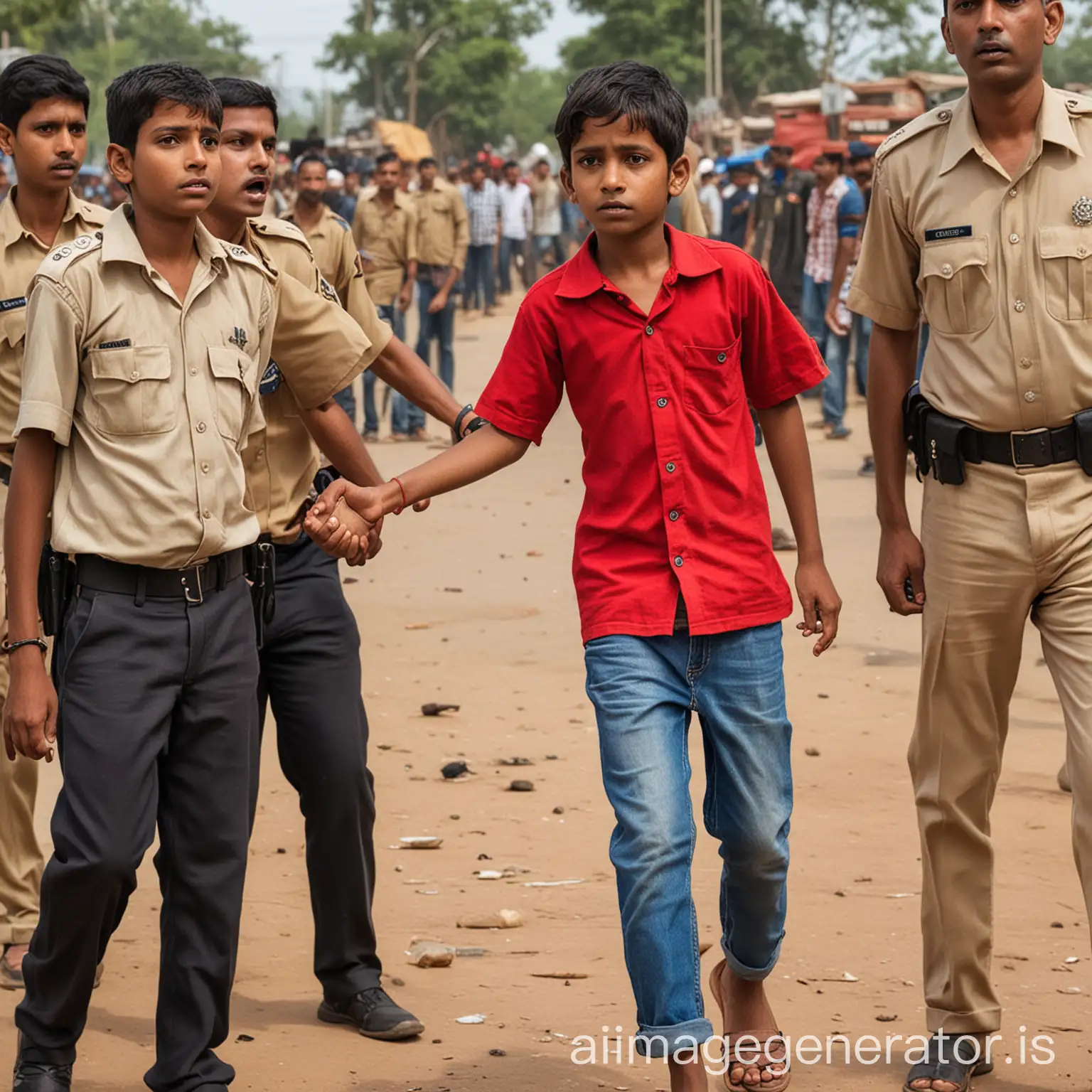indian kid getting arrested wearing red shirt