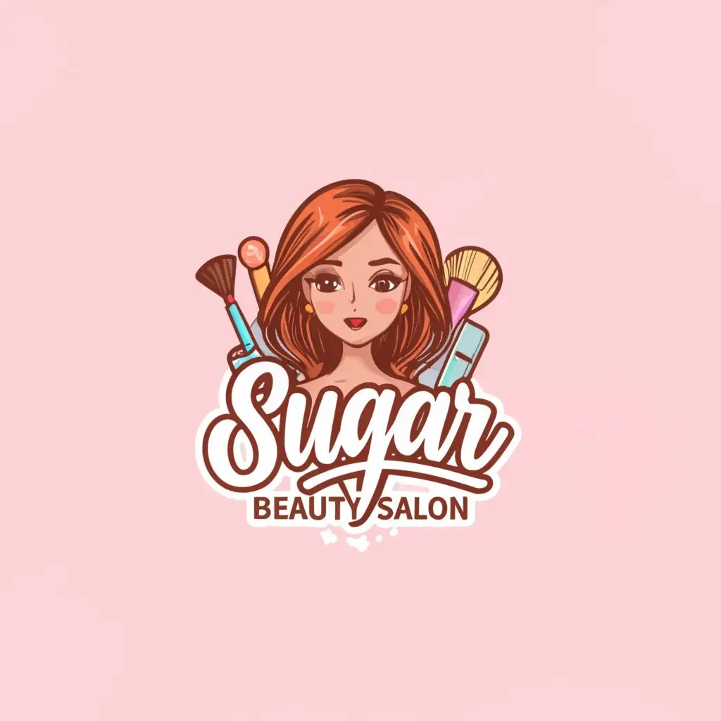 a logo design,with the text "Sugar Beauty Salon", main symbol:In the circle on a pink background, there is a girl, and around her are beauty tools and tubes of cosmetics.,complex,be used in Beauty Spa industry,clear background