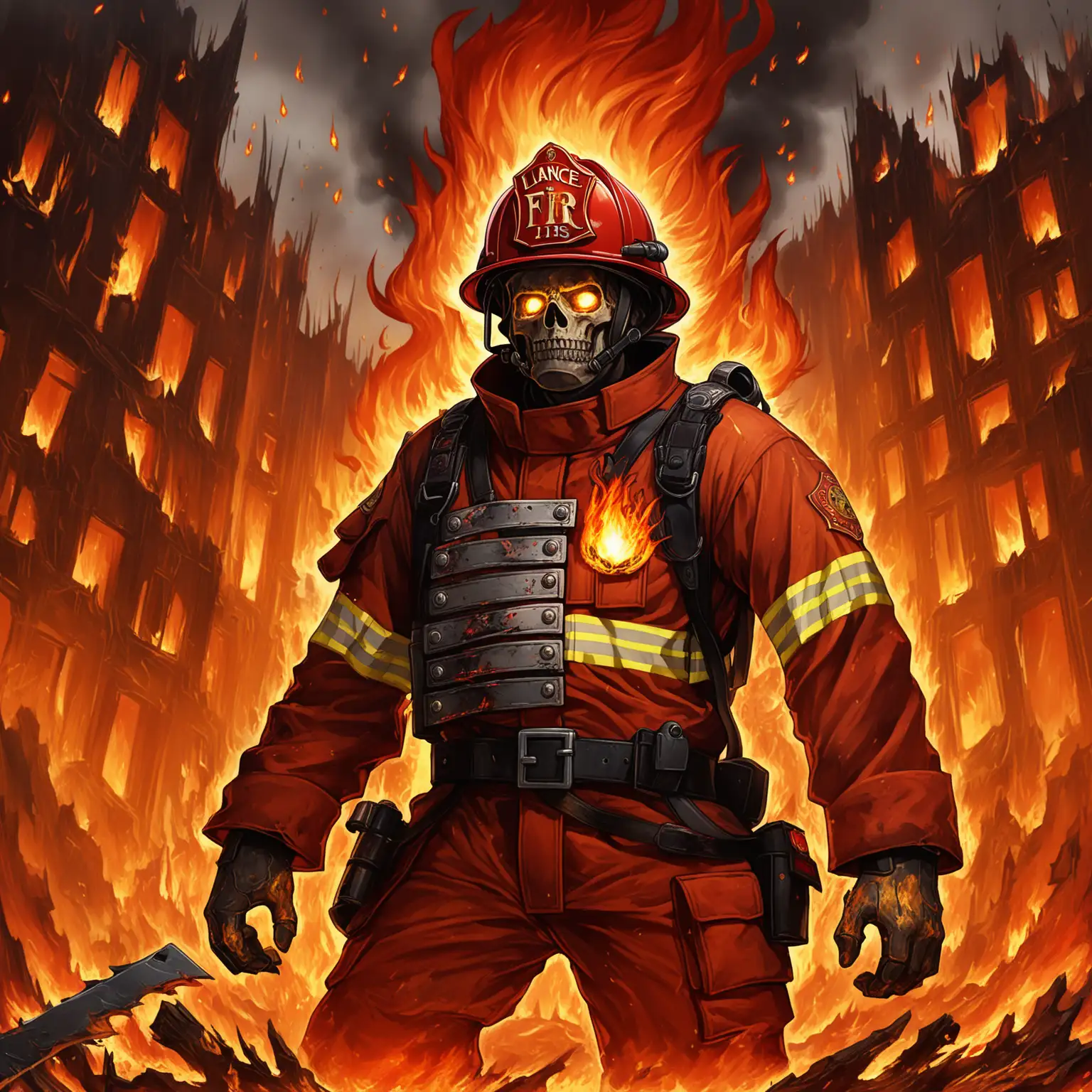 Background: The background of the card is a gradient of intense oranges, reds, and yellows, mimicking the colors of roaring flames. Flickering animations of fire could add to the dynamic feel. Silhouettes of burning buildings and charred remnants are faintly visible in the backdrop, hinting at his destructive tendencies and tragic past.nPortrait: Lance’s face is prominently featured in the center of the card. His expression is one of grim determination, with a slight hint of madness in his eyes.nHis skin is rugged and weathered, showing signs of burns and soot, indicative of his time spent amid fires.nHe has short, messy hair with singed tips, adding to the image of someone constantly surrounded by flames.nHis eyes are a striking amber, glowing subtly to imply an inner fire and intensity.nAttire: Lance is wearing a scorched firefighter’s uniform, with parts of it burned away to reveal protective gear underneath. The uniform is dark with reflective stripes, and his firefighter helmet, dented and charred, is either on his head or hanging from his neck.nHe has a makeshift bandolier across his chest, adorned with fire-related tools and weapons, such as small incendiary devices and a hatchet.nAccents: The edges of the face card are decorated with animated embers and smoke trails, giving the impression that the card itself is smoldering.nA faint overlay of ash occasionally drifts across the card, enhancing the theme of destruction and fire.nNameplate: At the bottom of the card, his name 'Lance 'Scorch' Fuego' is displayed in bold, fiery text with a cracked, molten rock effect.nThe text flickers slightly, as if it is being licked by flames.