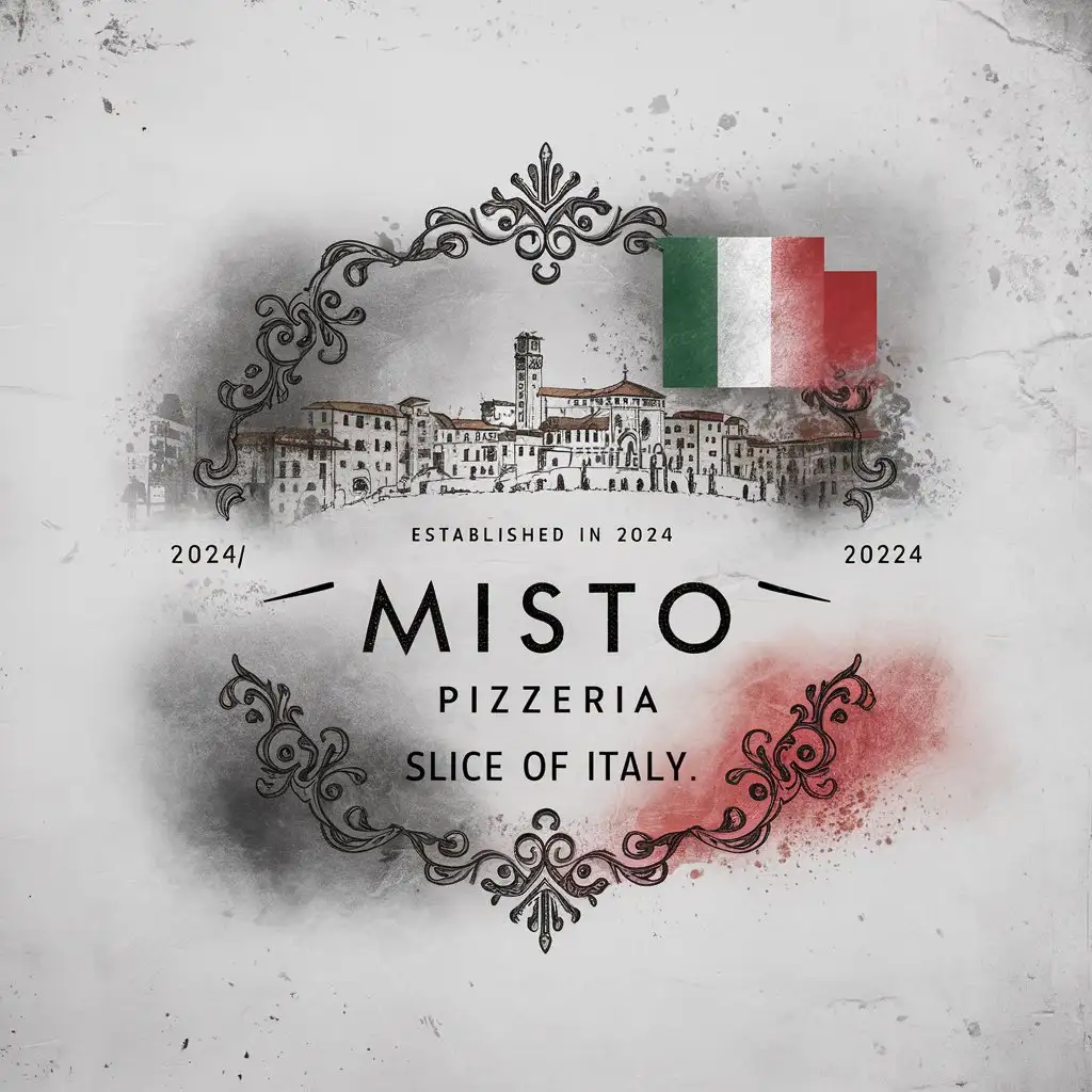 Misto Pizzeria, Minimalist, Emblem, Decorated , Italian colors , White Background, EST 2024 , Italy flag , Antique, Slogan Slice of Italy , Sketched Italian City, Ornament, Rustic, moody foggy atmosphere, Authentic style 