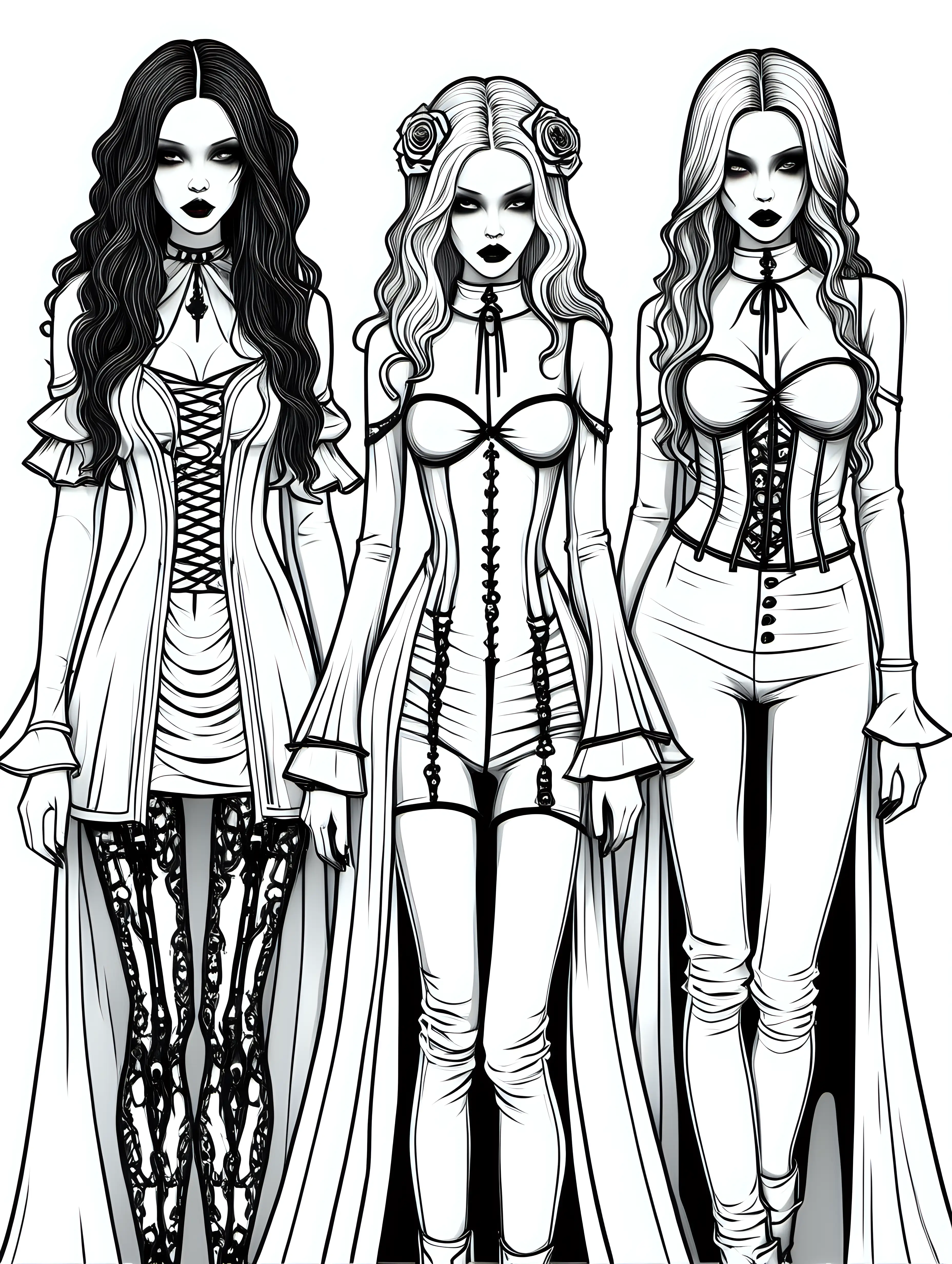 Models in White Outfits Gothic Style Coloring Page