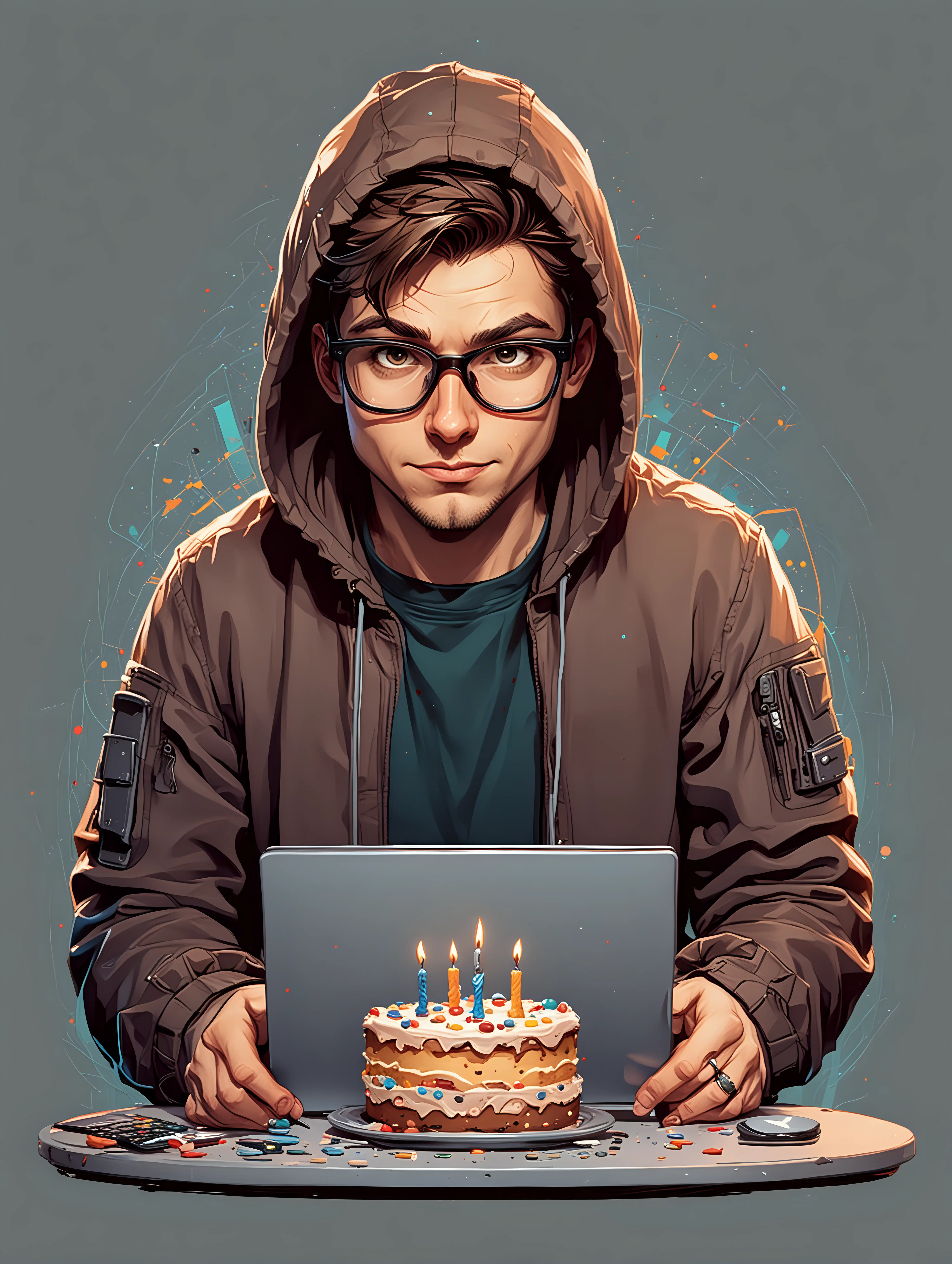 male ethical hacker, cartoon style, tech color palette, birthday cake, birthday theme