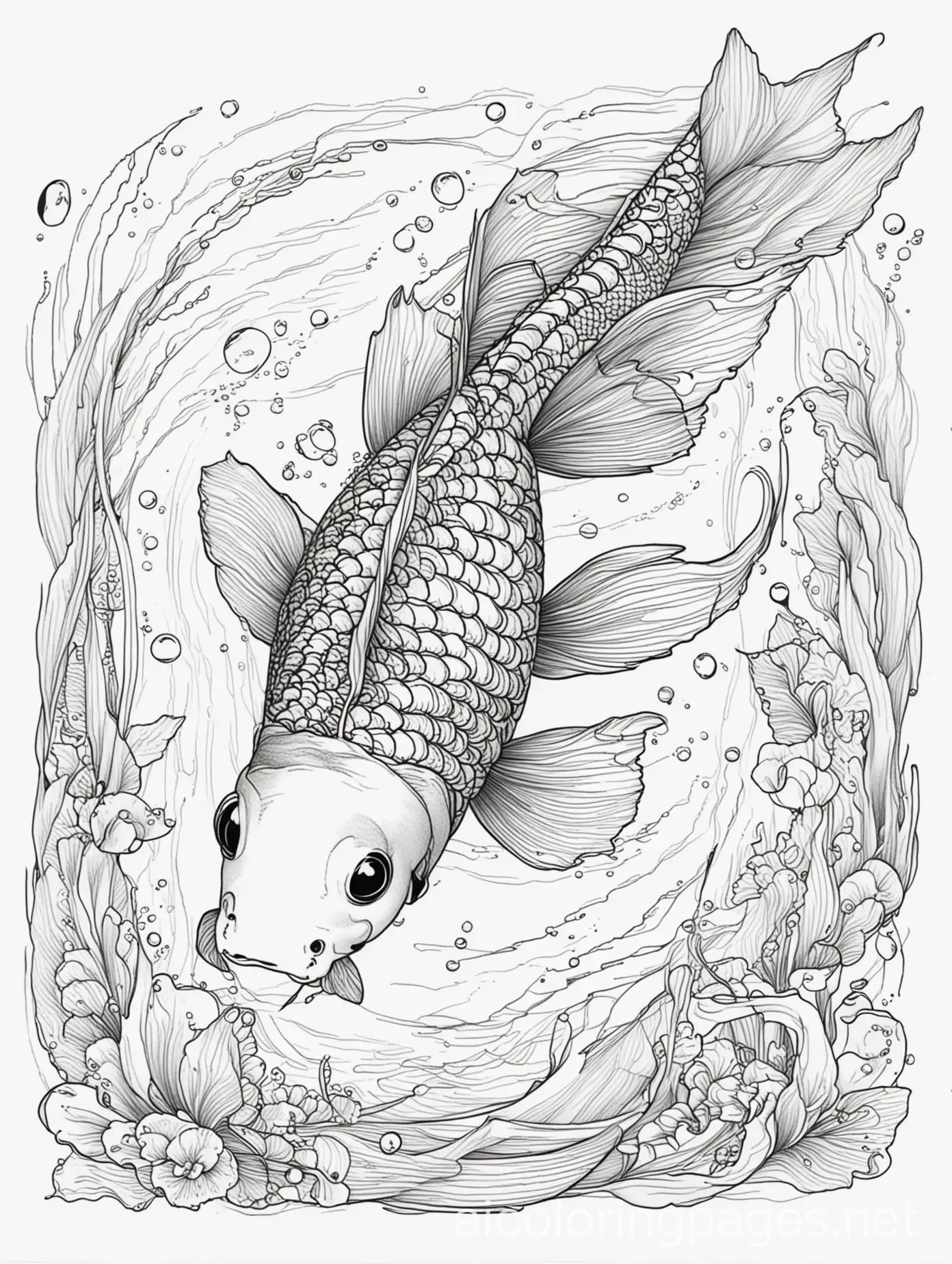 koi fish swimming, adult, , Coloring Page, black and white, line art, white background, Simplicity, Ample White Space. The background of the coloring page is plain white to make it easy for young children to color within the lines. The outlines of all the subjects are easy to distinguish, making it simple for kids to color without too much difficulty