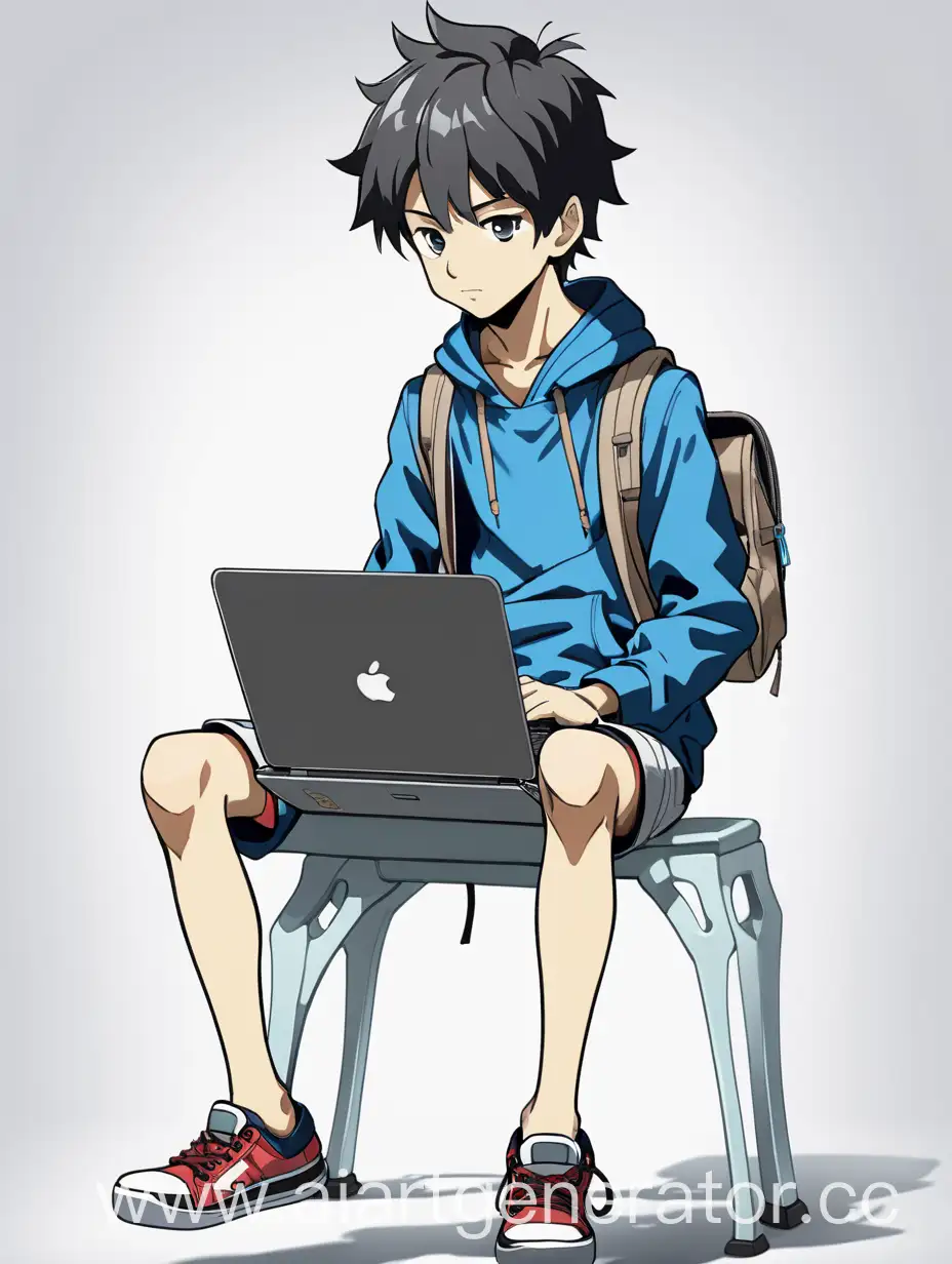 парень с ноутбуком на ногах, анфас, в аниме стиле